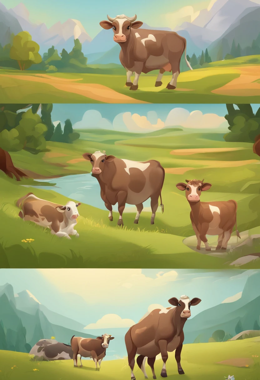 taur，dairy cattle ，Cute cows，critters，frontage，calf，cartoonish style，Animation style，anthropomorphic turtle，personification