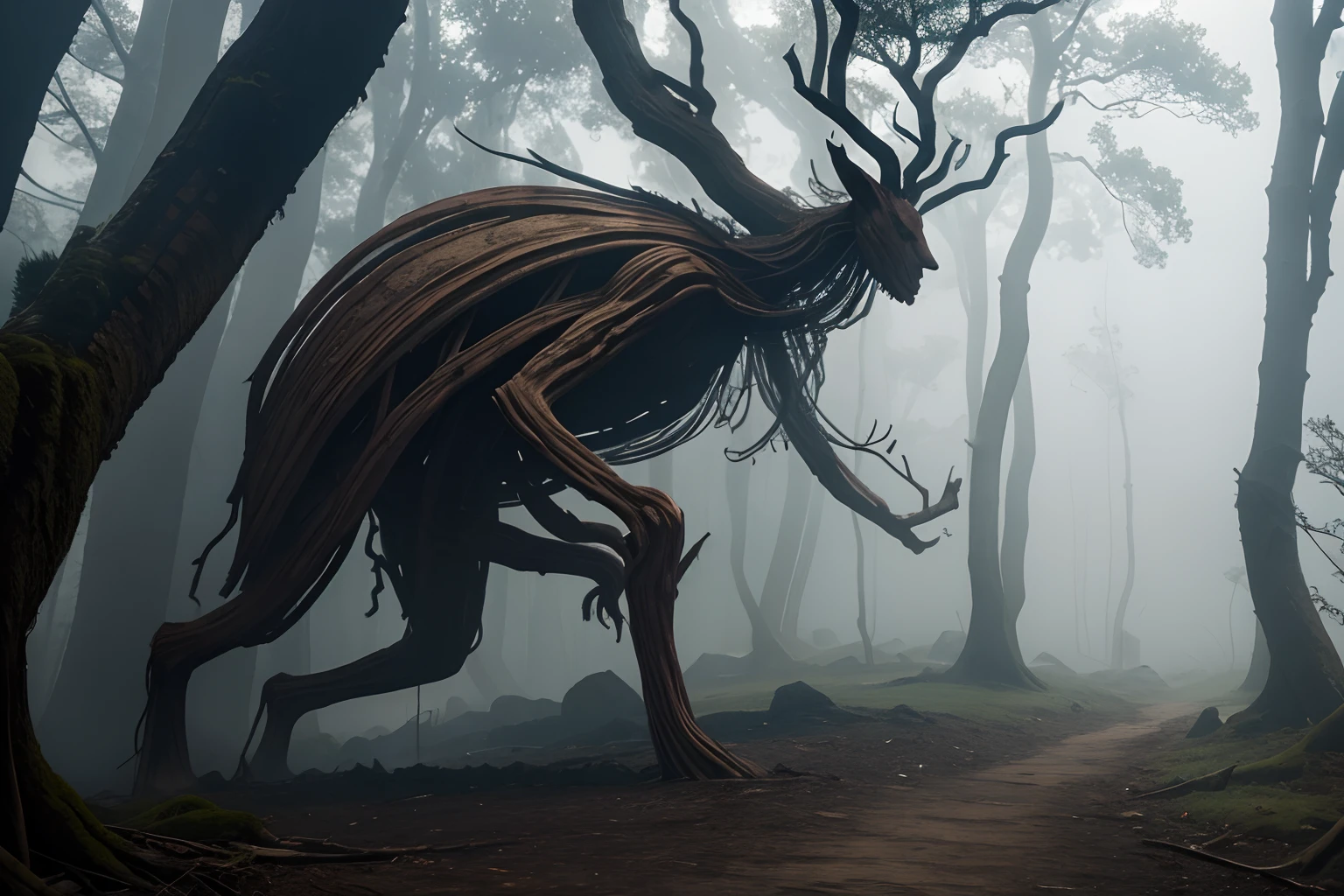 A mythological spirit of the trees, slender creature made of wood and sticks, walking slowly on the misty mountain between very old trees