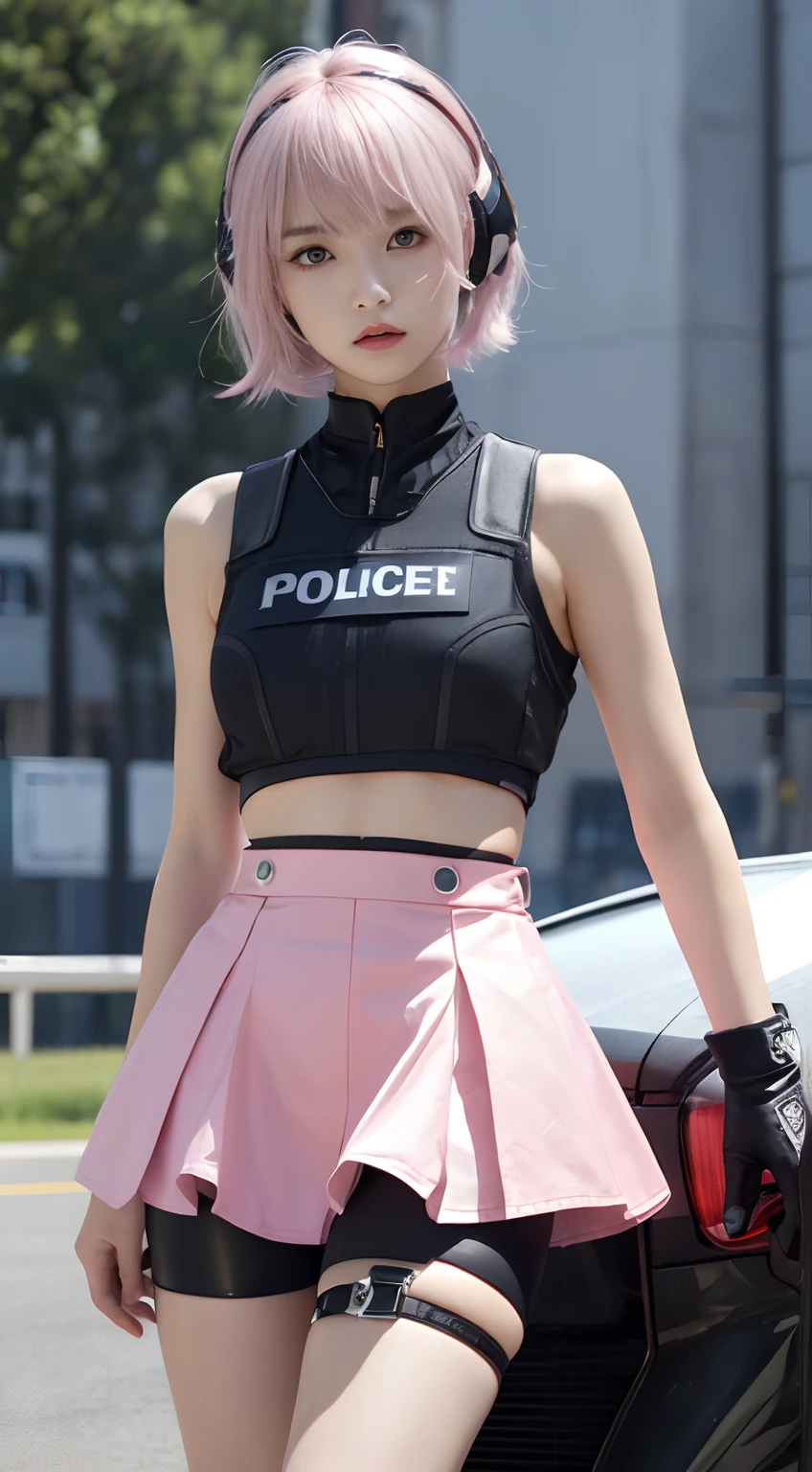 (Top Quality, Ultra High Definition, Photorealistic:1.4), (cowboy shot:1), 1 Beautiful Armed Girl, (Kpop Idol), Detailed Face, (Hair Style: Pink:1, fullbang, shortbob-style:1), Contrapposto, Perfect Anatomy, ((wearing Futuristic Police Racing Suits, low-mini-skirt, police wappen, High-tech Headset, military harness, racing gloves, )), (Cloths colors based on silver pink black white), (background, crashed cars, fire, (Explosion)),