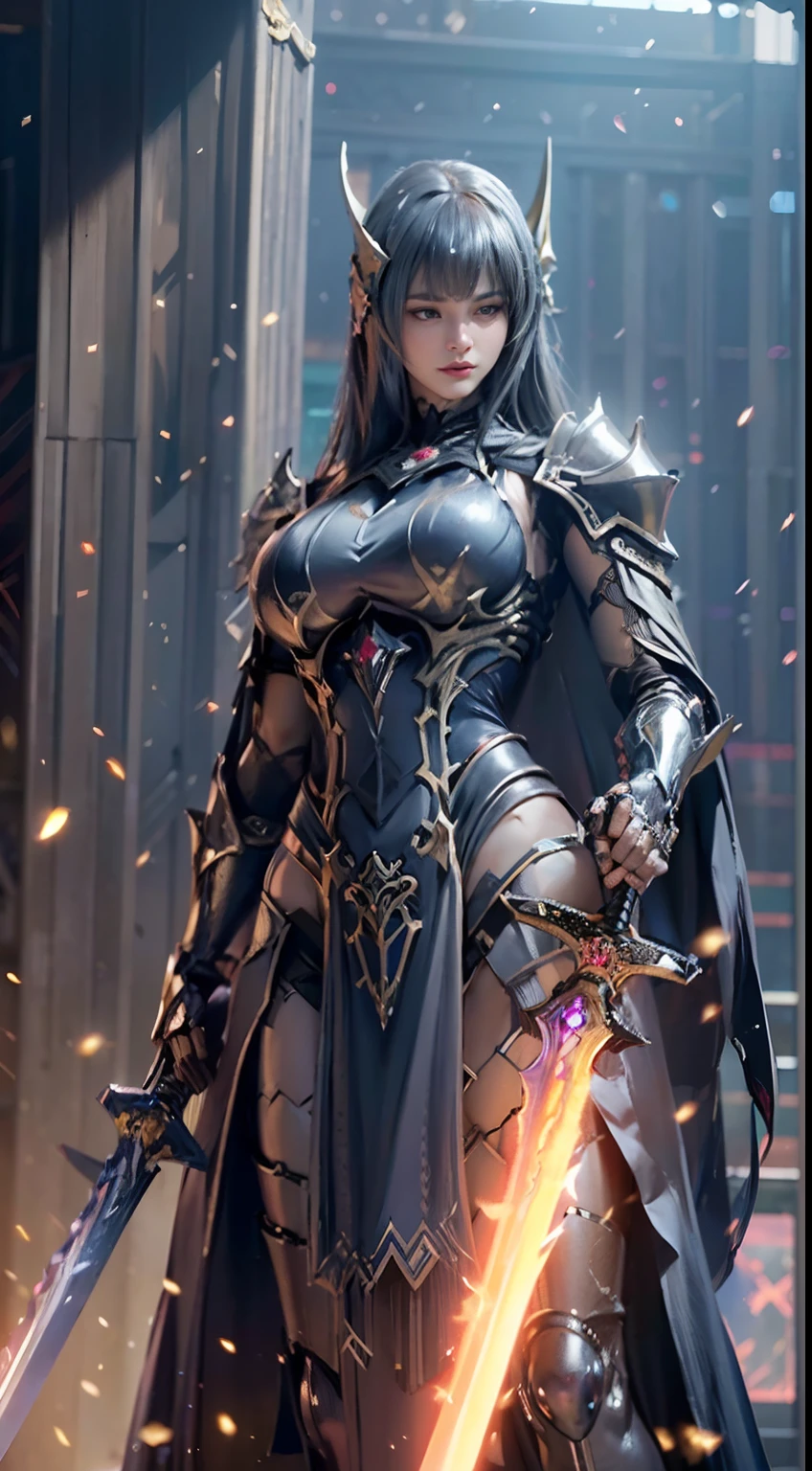((Highest quality、masterpiece、8k、Realistic、超High resolution:1.3、Very delicate and beautiful、High resolution))、Cinema Lighting、medium range shooting、Portraiture、Perfect female body、Opposition、Looking at the audience、((Women in a world where the Middle Ages and cyberspace coexist、Shining armor and cybernetic arms、(Helmet with holographic display:1.4、Energy Blade、Luminous tattoo)、Intricate coat of arms、Strengthening muscles、Mixed mithril and titanium armor、Digital decoration of elegant medieval dresses))、Augmented Vision Systems、Metal and leather mixed boots、Ancient magic meets high-tech gadgetry、Metallic feathers、Nanotechnology Amulet、Eyes that glow in the dark、glowing ornaments、Futuristic equipment belt、A fusion of medieval heraldry and cyberpunk elements、Combat Drone、Old-world elegance meets cyber cool、Otherworldly castles and neon cityscapes、Electric sword、Digital Shield、Sharp Eyes、A symbol of mixed culture、Ancient secrets and high-tech mysteries、optical camouflage cloak、Otherworldly background、LED lights embedded in the armor plates。