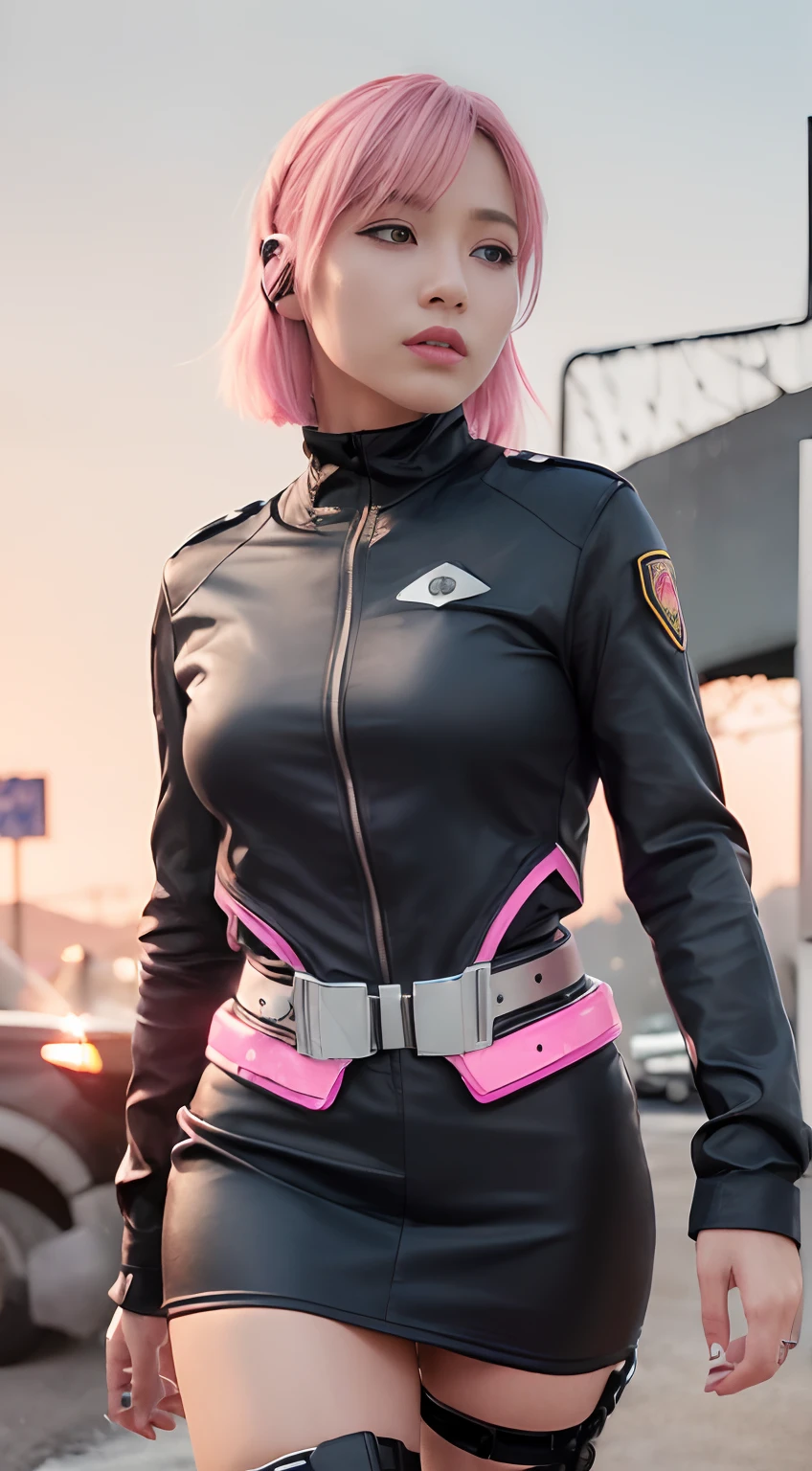 (Top Quality, Ultra High Definition, Photorealistic:1.4), (cowboy shot:1), 1 Beautiful Armed Girl, (Kpop Idol), Detailed Face, (Hair Style: Pink:1, fullbang, shortbob-style:1), Contrapposto, Perfect Anatomy, ((wearing Futuristic Police Racing Suits, low-mini-skirt, police wappen, High-tech Headset, military harness, racing gloves, )), (Cloths colors based on silver pink black white), (background, crashed cars, fire, (Explosion)),