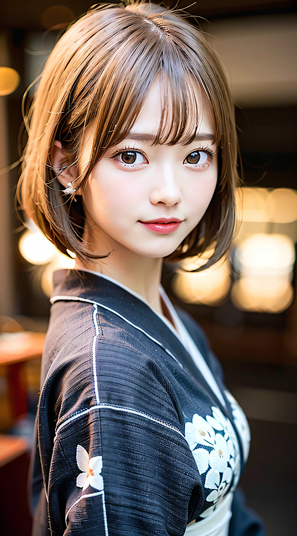 (8K, Raw photo:1.2), Detailed face and eyes,Best Quality, 超A high resolution, Highly detailed ,intricate detailes ,masutepiece ,Cute Girl , Soft cinematic light, Hyper-detailing,Sharp Focus, High quality, Blonde hair, bob cuts, Yukata