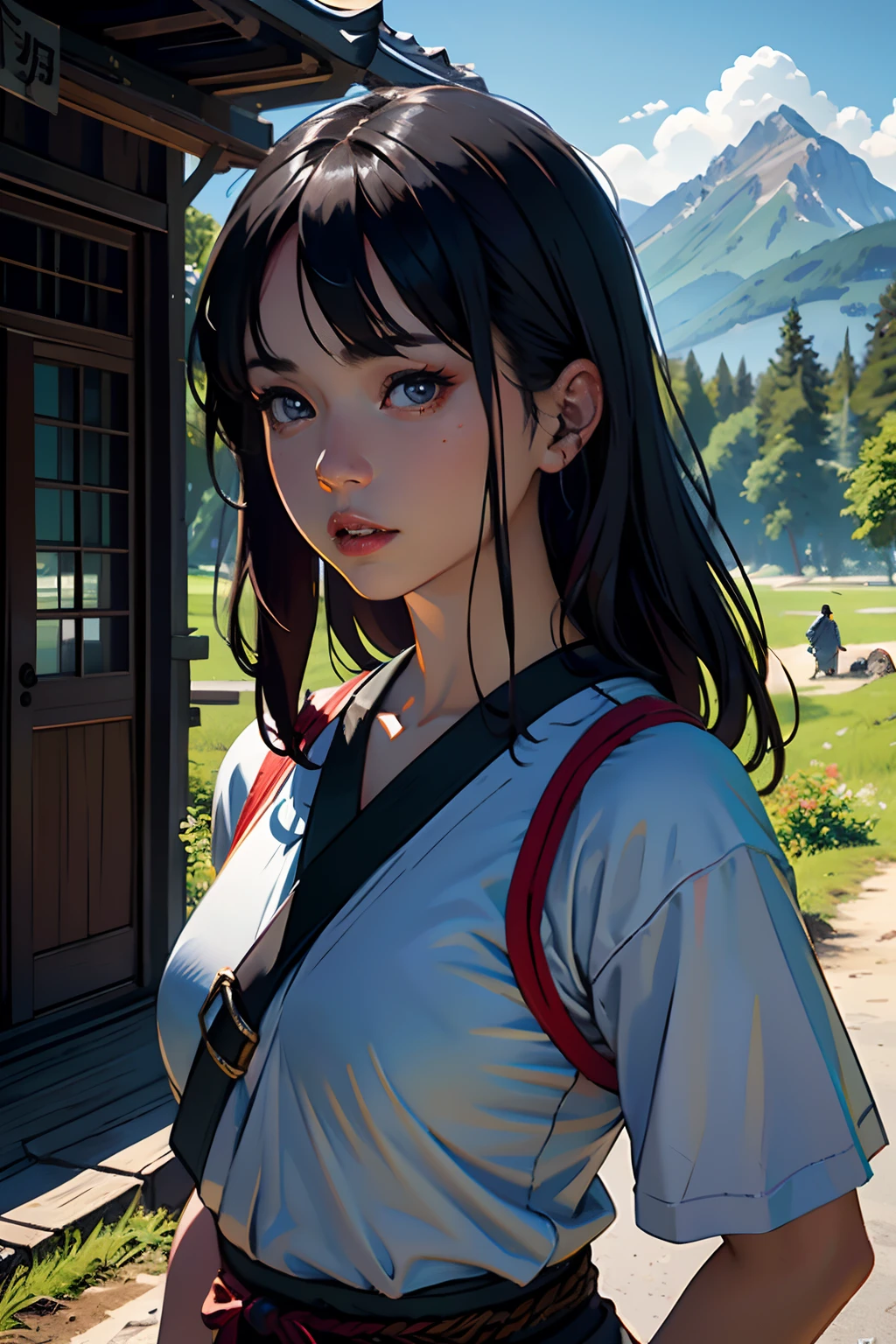 (best quality,ultra-detailed,realistic:1.2),vivid colors,sharp focus,professional,photorealistic,fine art,paintings,[illustration], [oil painting],wide range of colors,impressive brushwork, (swordsman), [fighting bandits], (square), [surrounded by forests], [mountain hut], [wide angle], (bright lighting:1.1), [daylighting]