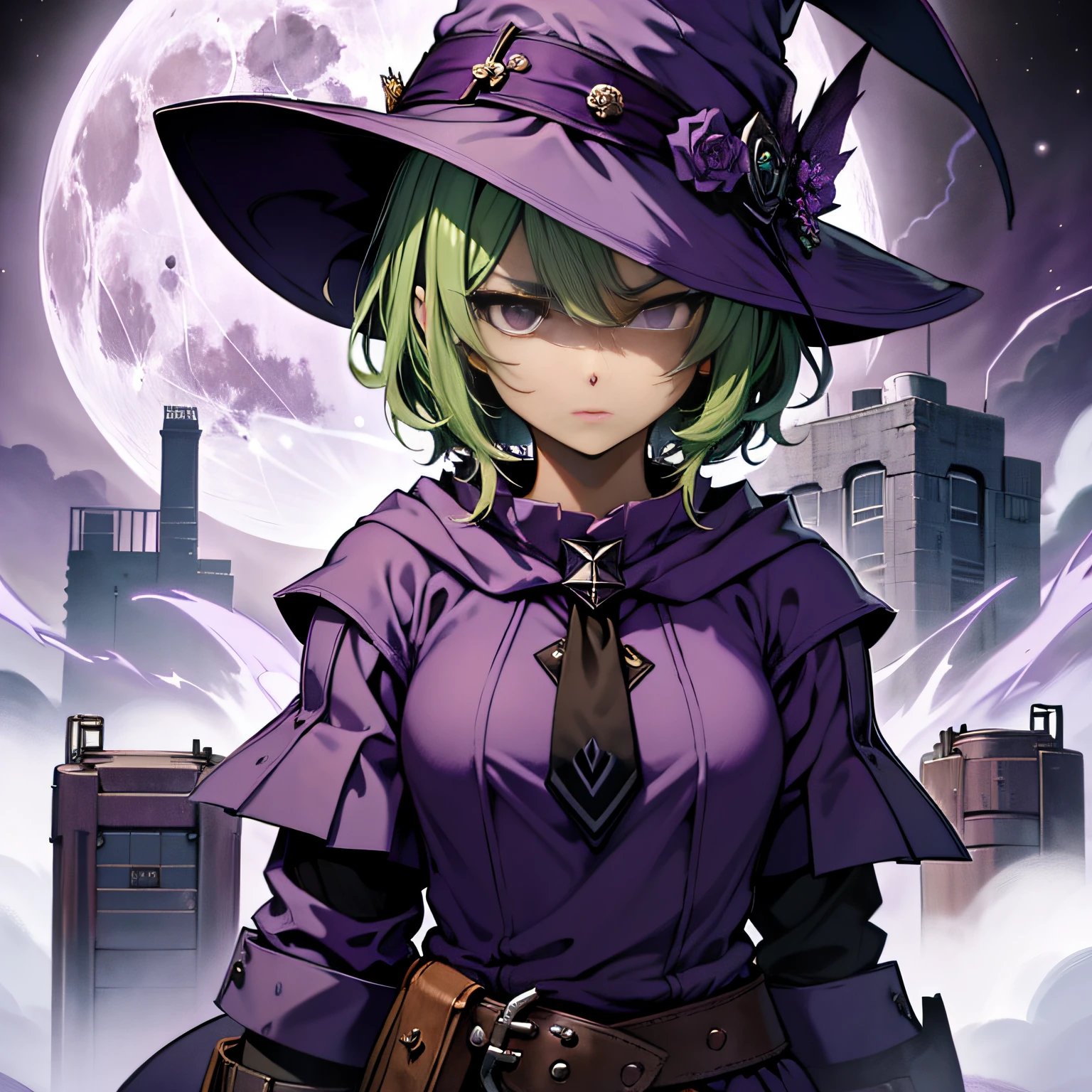 top-quality、extremely delicate and beautiful、(A girl)、Purple Eye、Green hair、short-haired、(purple witch hat)、Purple tie、Soio、shortsleeves、Purple skirt、Purple Wizard Robe、Navel、is standing、Facing the front、Expression of hatred、Full moon night on background、Only eyes