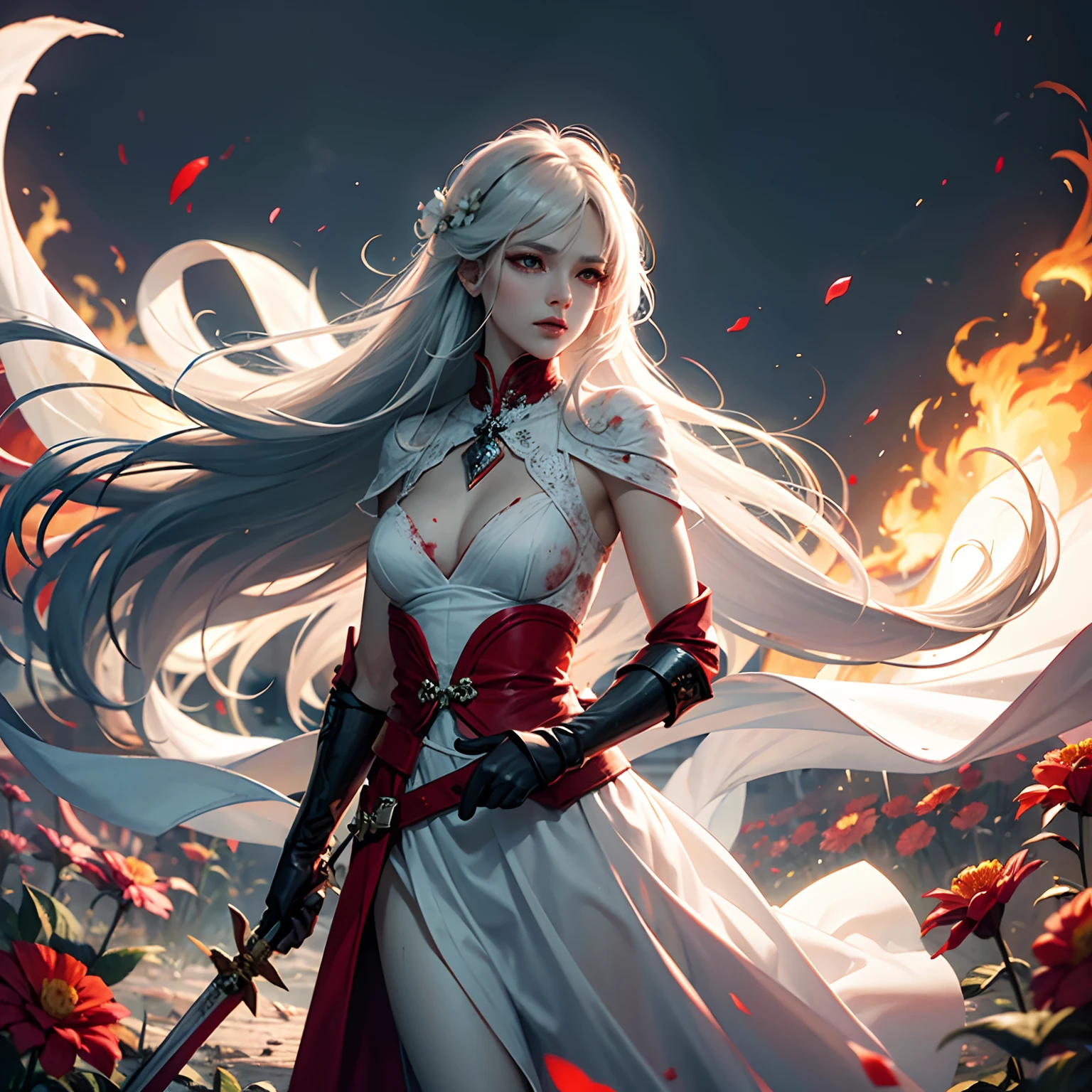 White sword in right hand. Focus on the right hand. Bloody flowers blooming in the chest. Smoke, blood and fire in the background. Character walka on fire "