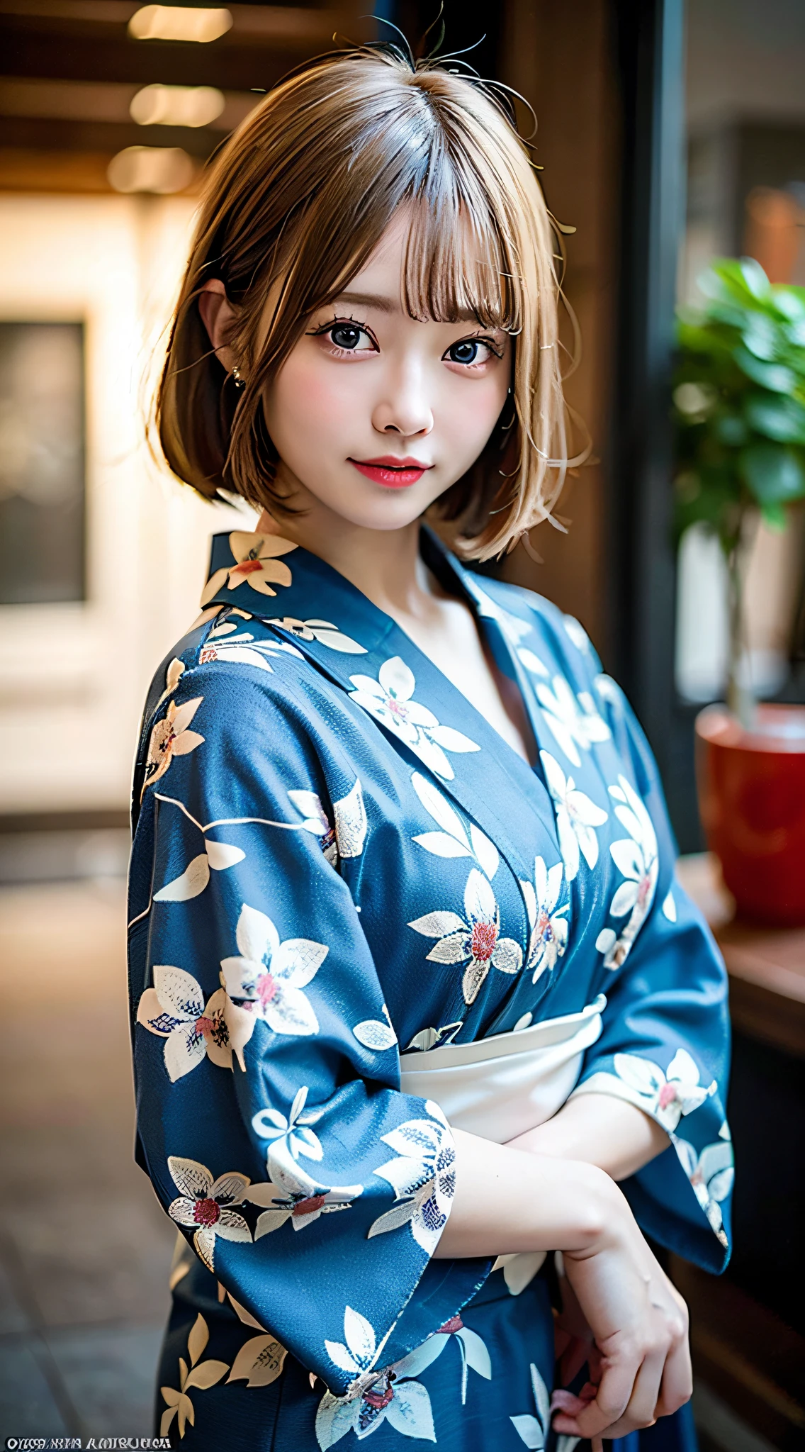 (8K, Raw photo:1.2), Detailed face and eyes,Best Quality, 超A high resolution, Highly detailed ,intricate detailes ,masutepiece ,Cute Girl , Soft cinematic light, Hyper-detailing,Sharp Focus, High quality, Blonde hair, bob cuts, Yukata