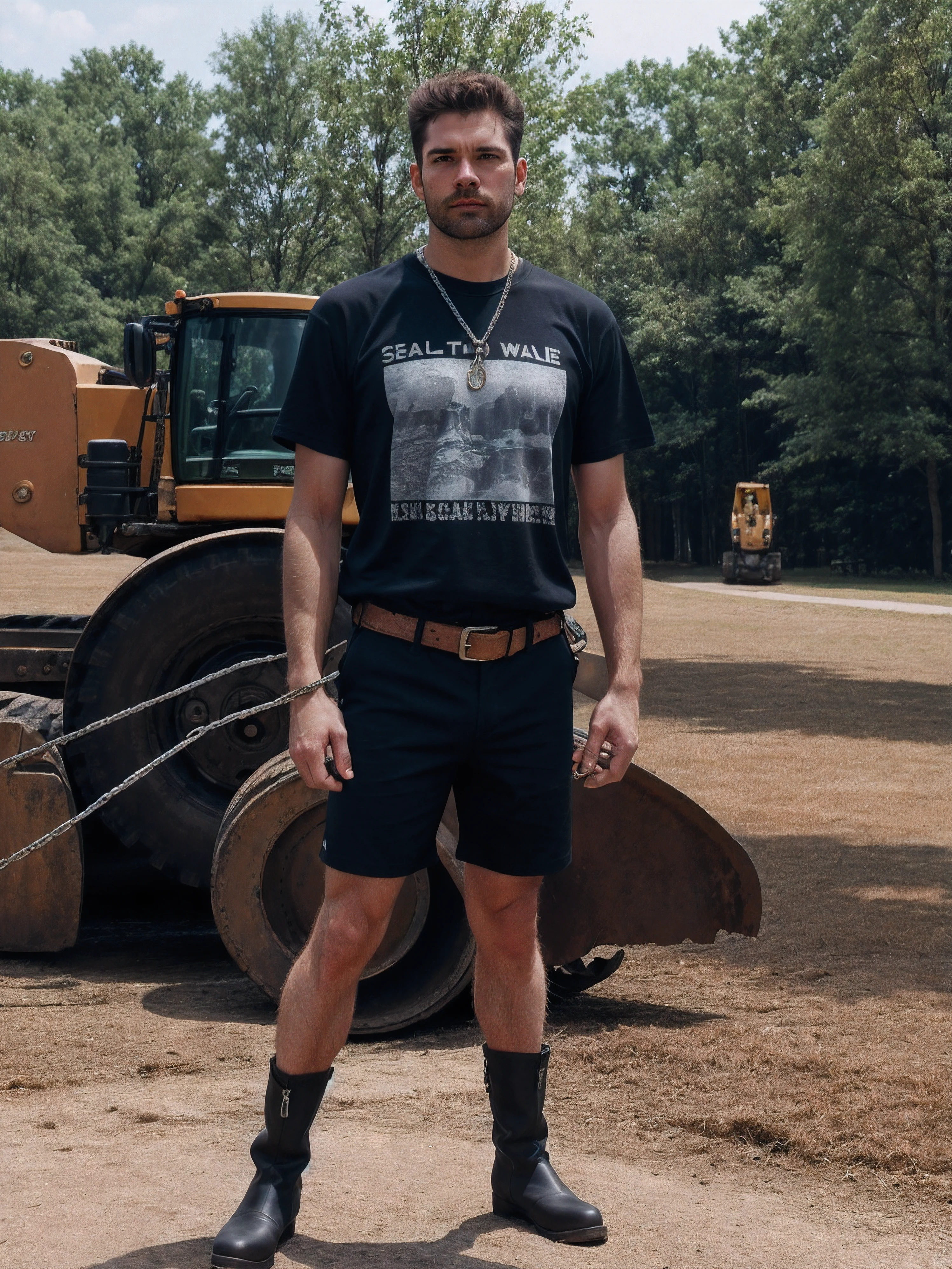 RAW Photo, photo of sc_kurtis standing next to heavy machinery outdoors holding a chain while wearing a t-shirt and a belt and a pair of shorts, wearing socks and boots, best quality, masterpiece, style of Terry Richardson, style of Bruce Weber,