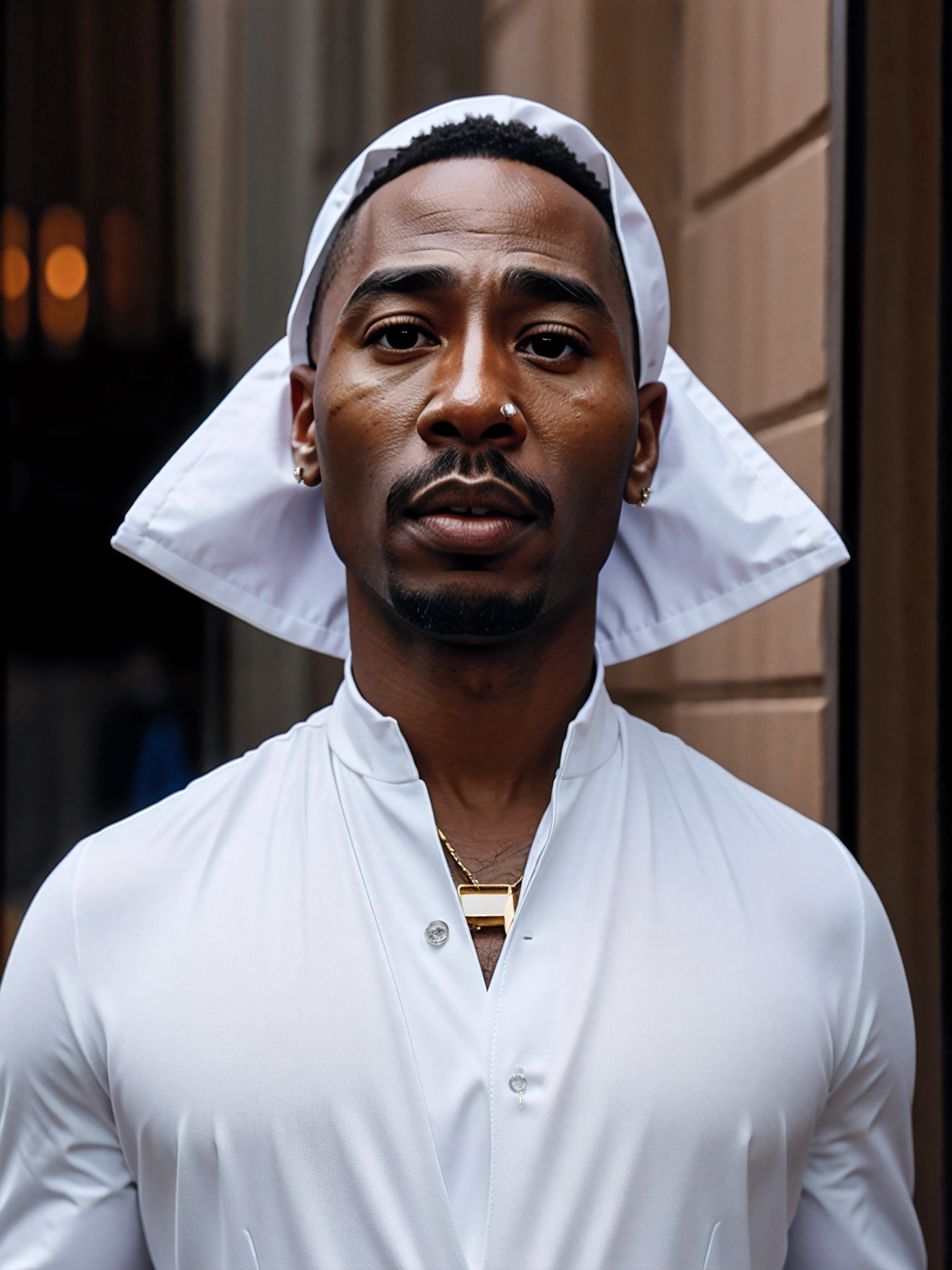 2pac, 1boy, solo, facial hair, jewelry, looking at viewer, bald, upper body, white suit