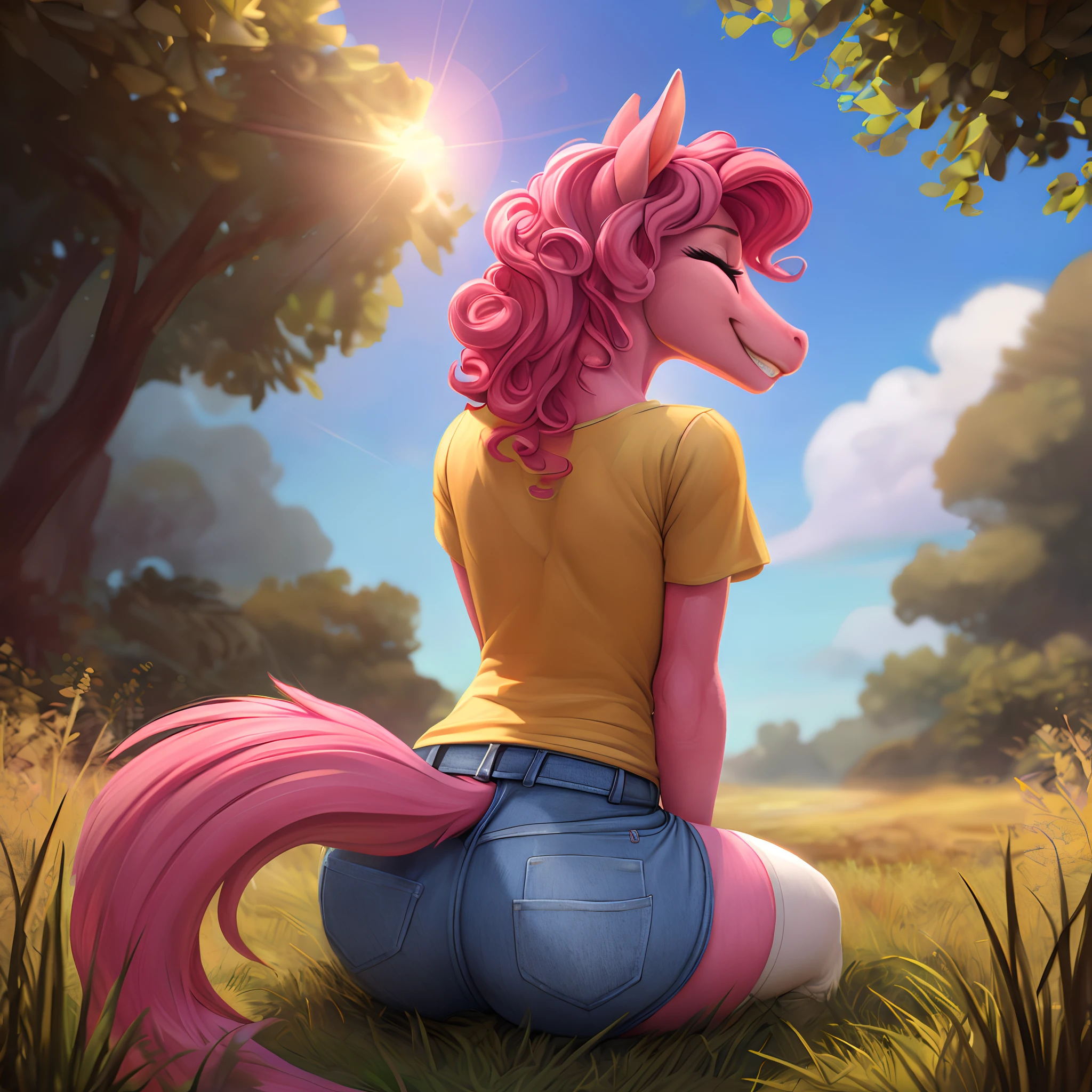 [pinky pie], [Uploaded to e621.net; (siden), (Pixelsketcher), (mayosplash), (wamudraws)], ((masterpiece)), ((HD)), ((high quality)), ((solo portrait)), ((back view)), ((furry; anthro)), ((detailed fur)), ((detailed shading)), ((beautiful render art)),  ((intricate details)), {anthro horse; (slim female figure), (pink fur), (both eyes closed), (long eyelashes), horse snout, (curly hot-pink hair), (curly hot-pink tail), (small boobs), (gorgeous hips), (excited smile), (white teeth))}, {(yellow tee shirt), (denim short shorts), (white-striped thigh-highs), (white sneakers)}, {(on knees), (sitting), (looking back)}, [background; (grass plains), (clouds), (blue sky), (sun rays)]