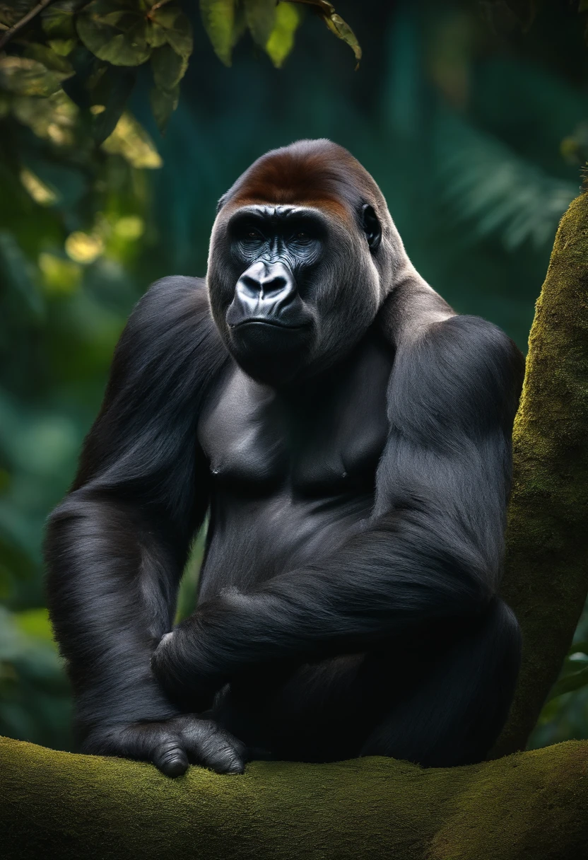 (best quality,ultra-detailed,realistic:1.37),gorilla sitting in a jungle,aggressive expression,smoking a cigar,thick smoke,green lush vegetation,vivid colors,dappled sunlight,menacing dark shadows,ferocious eyes,sharp fangs,strong muscular build,jungle noises,ominous atmosphere,wisps of fog,mysterious aura,creepy silence smoking cigar