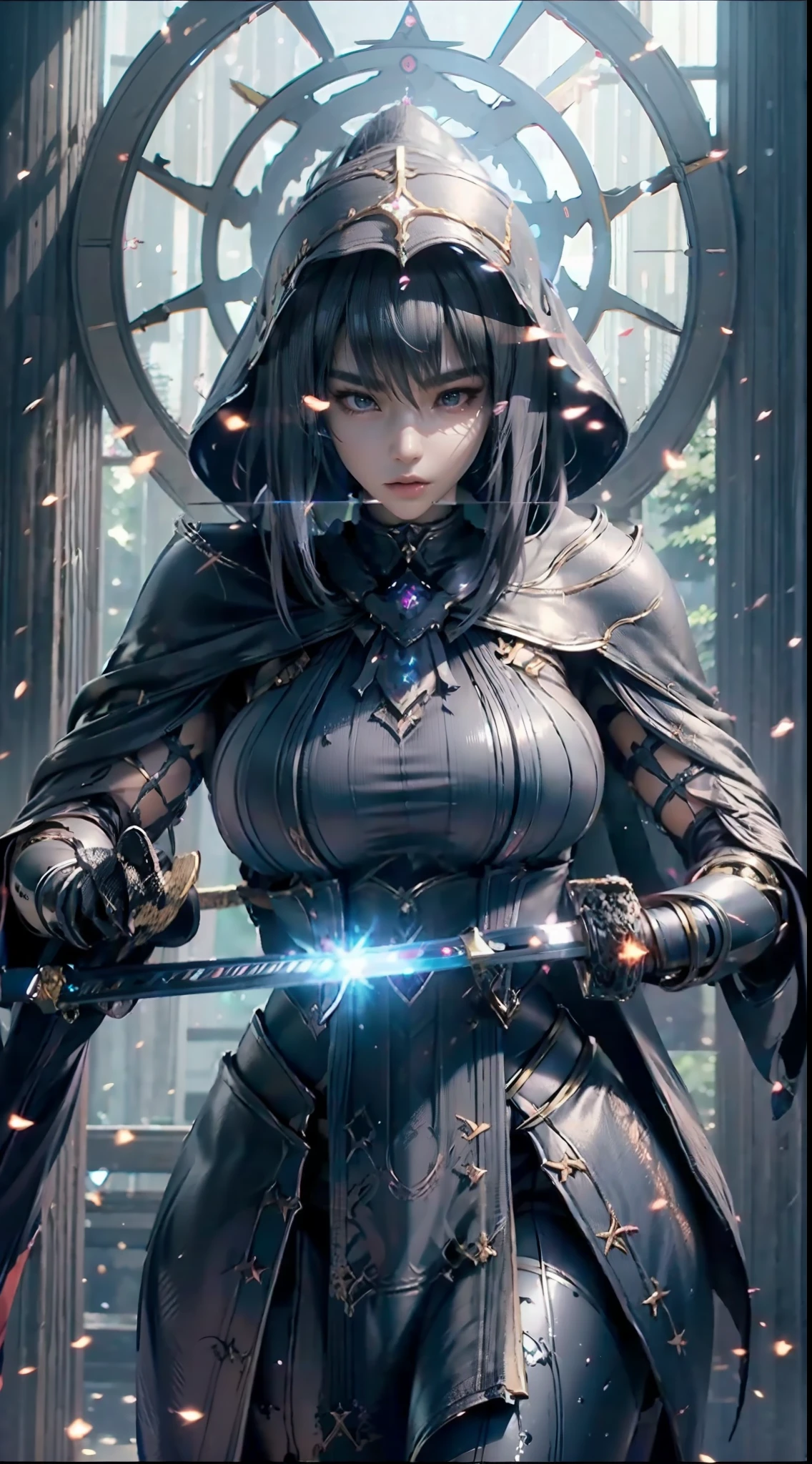 ((unreal enginee 5)), lifelike rendering, excellent, (Full Armor Body), (cloaks), looking in camera, Stand in the studio, Beautiful face, makeup, CGI Mix, (Photorealism:1.2), Ultra-realistic UHD face, (Colossal tits), Slim waist, an hourglass figure, Half body, ((Glowing skin)), ((Shiny skin)), Realistic body, ((She has a sexy body)), ((Clean skin)), Photorealistic, Bokeh, Motion Blur, masutepiece, hight resolution, 1080p, Super Detail, Textured skin, (carry a sword:1.4), ((Huge magic circle behind:1.3))