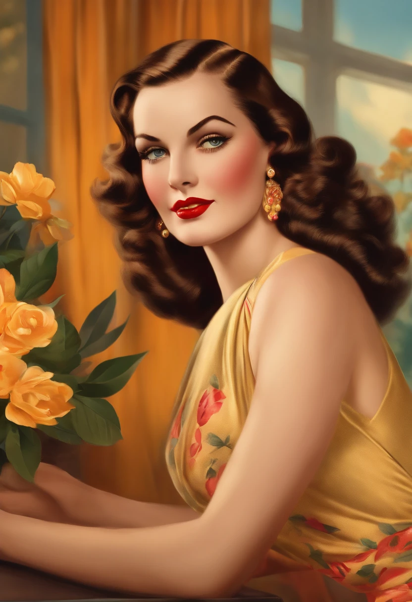 A sensual Rachel Cook, standing, leaning forward, view from rear, (((wearing a loose fitting short, red, floral sundress))), (((sideboobs))), medium breasts, cleavage. No panties, legs spread,(((Bright blue eyes))). Full body portrait, pin-up painting from the '50s, in the art style of Alberto Vargas, Baron Von Lind, award-winning, masterpiece