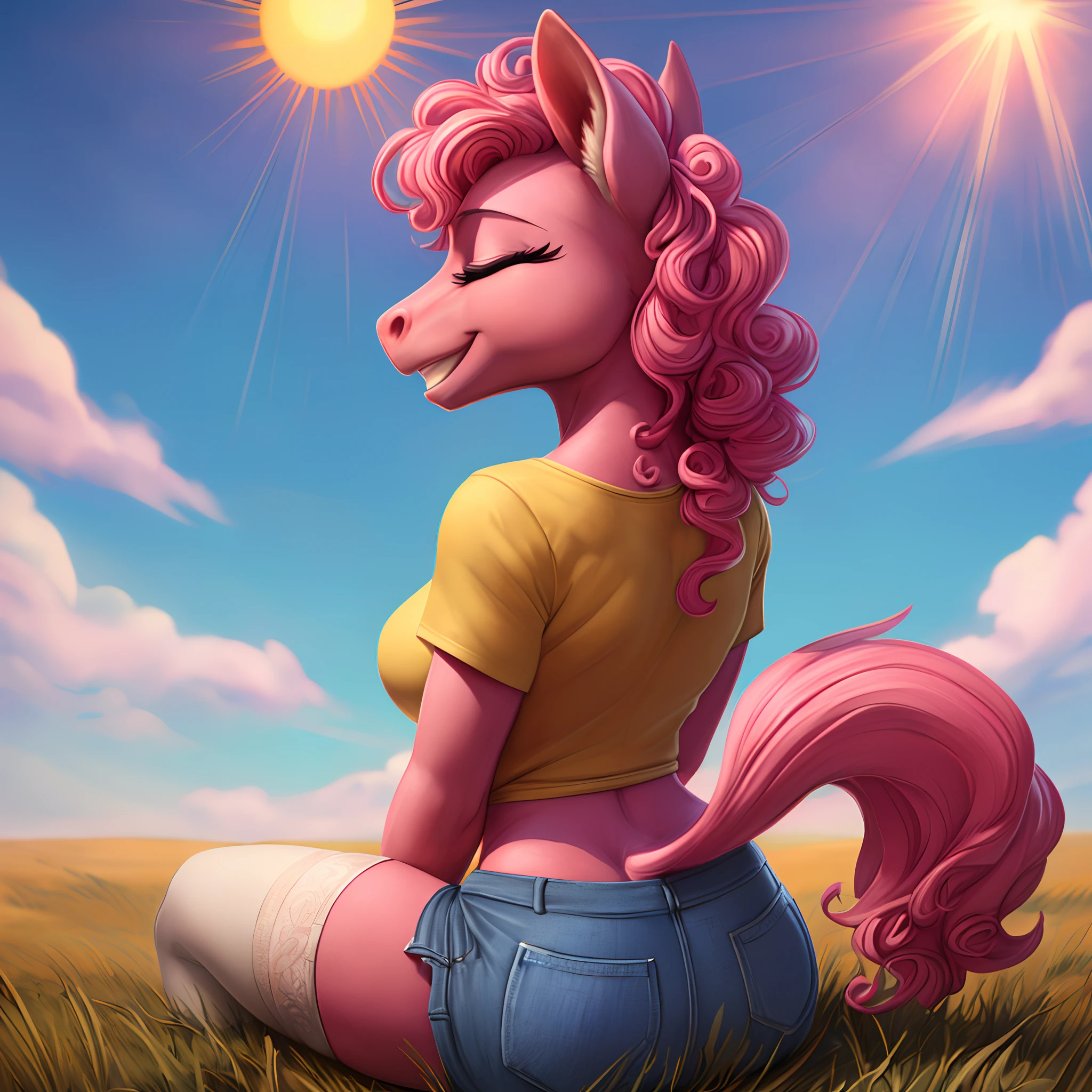 [pinky pie], [Uploaded to e621.net; (siden), (Pixelsketcher), (mayosplash), (wamudraws)], ((masterpiece)), ((HD)), ((high quality)), ((solo portrait)), ((back view)), ((furry; anthro)), ((detailed fur)), ((detailed shading)), ((beautiful render art)),  ((intricate details)), {anthro horse; (slim female figure), (pink fur), (both eyes closed), (long eyelashes), horse snout, (curly hot-pink hair), (curly hot-pink tail), (small boobs), (gorgeous hips), (excited smile)}, {(yellow tee shirt), (denim short shorts), (white-striped thigh-highs)}, {(sitting), (looking back)}, [background; (grass plains), (clouds), (blue sky), (sun rays)]