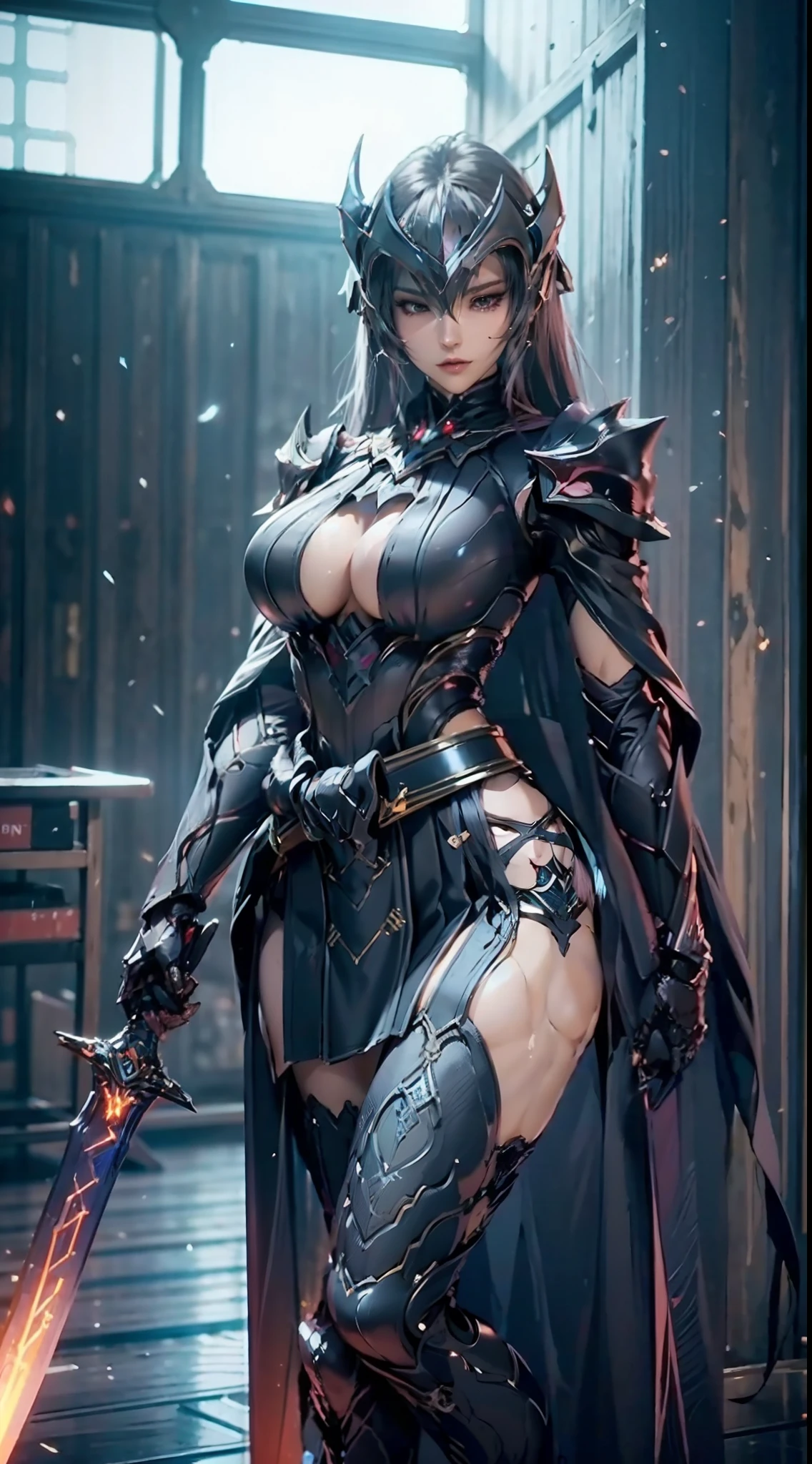 ((unreal enginee 5)), lifelike rendering, excellent, (Full Armor Body), (cloaks), (Helm), looking in camera, Stand in the studio, Beautiful face, makeup, CGI Mix, (Photorealism:1.2), Ultra-realistic UHD face, (Colossal tits), Slim waist, an hourglass figure, Half body, ((Glowing skin)), ((Shiny skin)), Realistic body, ((She has a sexy body)), ((Clean skin)), Photorealistic, Bokeh, Motion Blur, masutepiece, hight resolution, 1080p, Super Detail, Textured skin, (sword on waist)