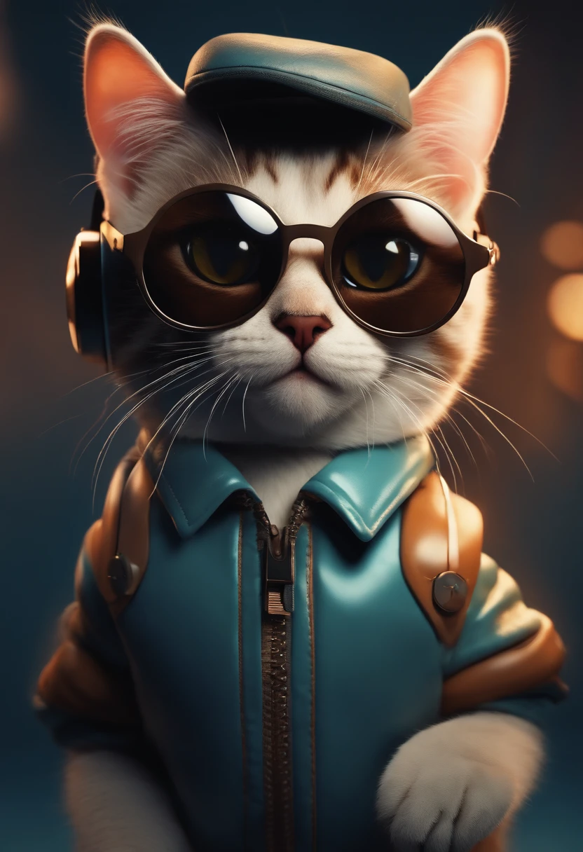 Perfect centering, a cute little cat, Wear a jacket, Wearing sunglasses, Wearing headphones, cheerfulness, Standing position, Abstract beauty, Centered, Looking at the camera, Facing the camera, Approaching perfection, Dynamic, Highly detailed, Smooth, Sharp Focus, 8K