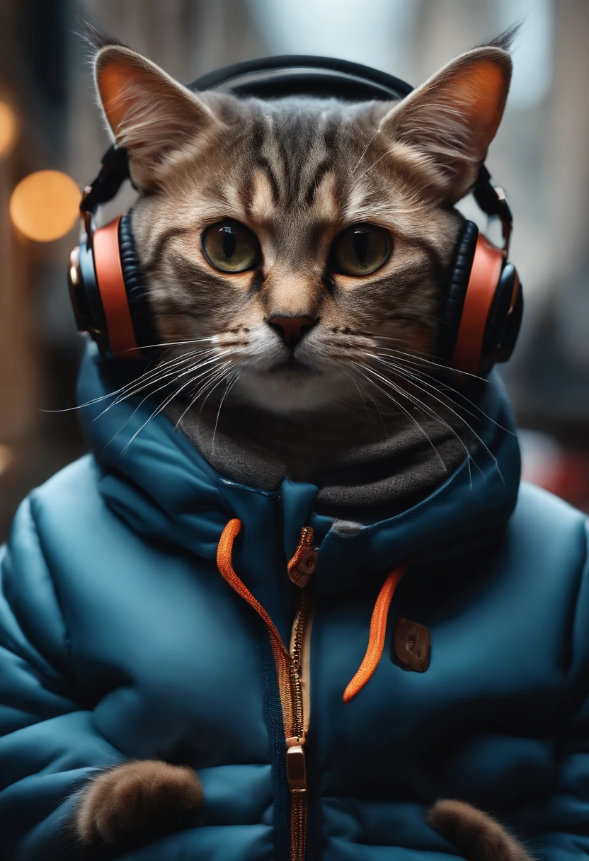 Perfect centering, a cute little cat, Wear a jacket, Wearing sunglasses, Wearing headphones, cheerfulness, Standing position, Abstract beauty, Centered, Looking at the camera, Facing the camera, Approaching perfection, Dynamic, Highly detailed, Smooth, Sharp Focus, 8K