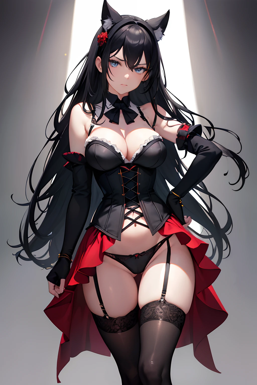 (best quality, masterpiece, highres tyndall effect,photorealistic, dark studio, rim lighting, two tone lighting,(high detailed skin:1.2), 8k uhd, dslr, soft lighting, high quality, volumetric lighting, candid, Photograph, high resolution, 4k, 8k), 1girl , ass visible through thighs , black garter straps , black gloves , black hair , black thighhighs , blue eyes , cameltoe , cleavage , closed mouth , corset , cross , detached collar , fingerless gloves , groin , hair bow , hand on own hip , light frown , lingerie , long hair , medium breasts , navel , panties over garter belt , petals , red corset , red flower , red nails , red panties , simple background , skindentation , solo , thigh gap , thighs , two side up , underwear , v-shaped eyebrows , very long hair , white bow