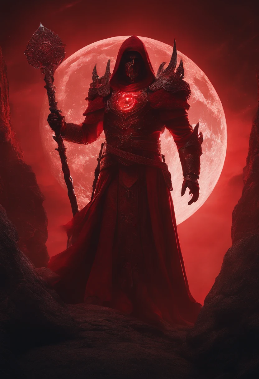 A red necromancer, blood moon, ray tracing, masterpiece, best quality, ultra quality, absurd details, best light, best shadow, sharp, sharp image, detailed, extremely detailed, great resolution, 8k, 4k, uhd, particle effects, beautiful effects, vivid colors, neon light, neon, light,