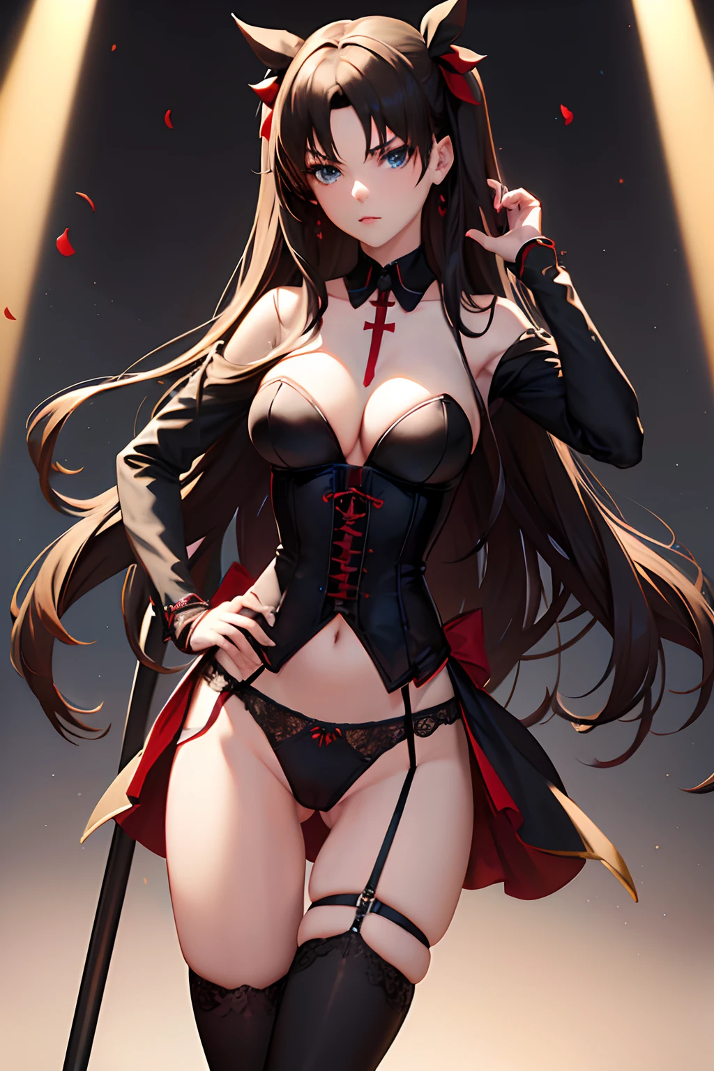 (best quality, masterpiece, highres tyndall effect,photorealistic, dark studio, rim lighting, two tone lighting,(high detailed skin:1.2), 8k uhd, dslr, soft lighting, high quality, volumetric lighting, candid, Photograph, high resolution, 4k, 8k), 1girl , ass visible through thighs , black garter straps , black gloves , black hair , black thighhighs , blue eyes , cameltoe , cleavage , closed mouth , corset , cross , detached collar , fingerless gloves , groin , hair bow , hand on own hip , light frown , lingerie , long hair , medium breasts , navel , panties over garter belt , petals , red corset , red flower , red nails , red panties , simple background , skindentation , solo , thigh gap , thighs , two side up , underwear , v-shaped eyebrows , very long hair , white bow, rin tohsaka (fate)
