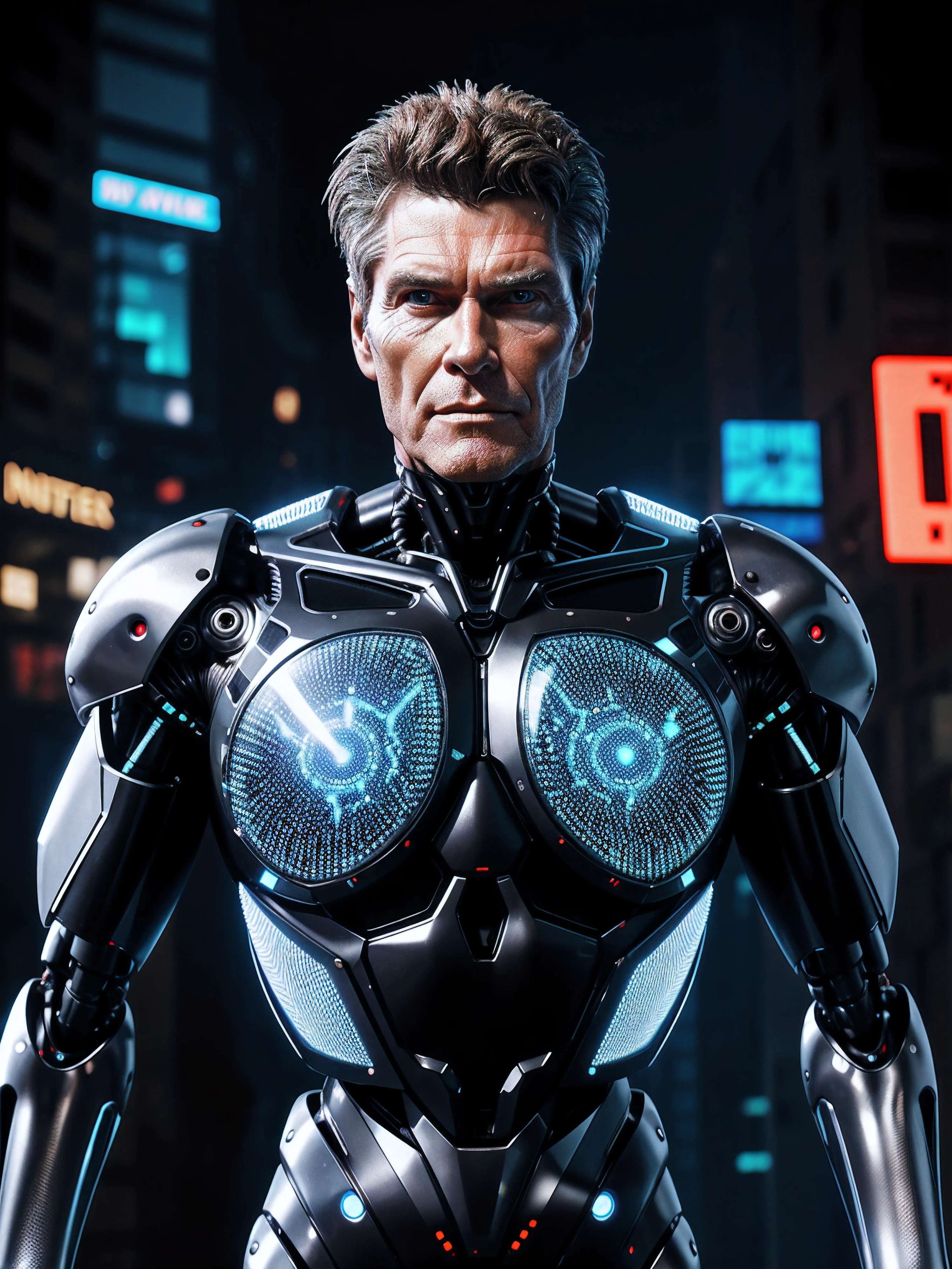 David hasselhoff, michael knight, cybernetic mutant, glitching, transparent skin with glowing veins, monocle, body, robot, morph, colorful mohawk hairstyle, look over shoulder, silver tubes growing out of the body, holographic, robotic details, highly detailed cyberpunk style, real photo shoot, matrix, futuristic, background: like sin city
