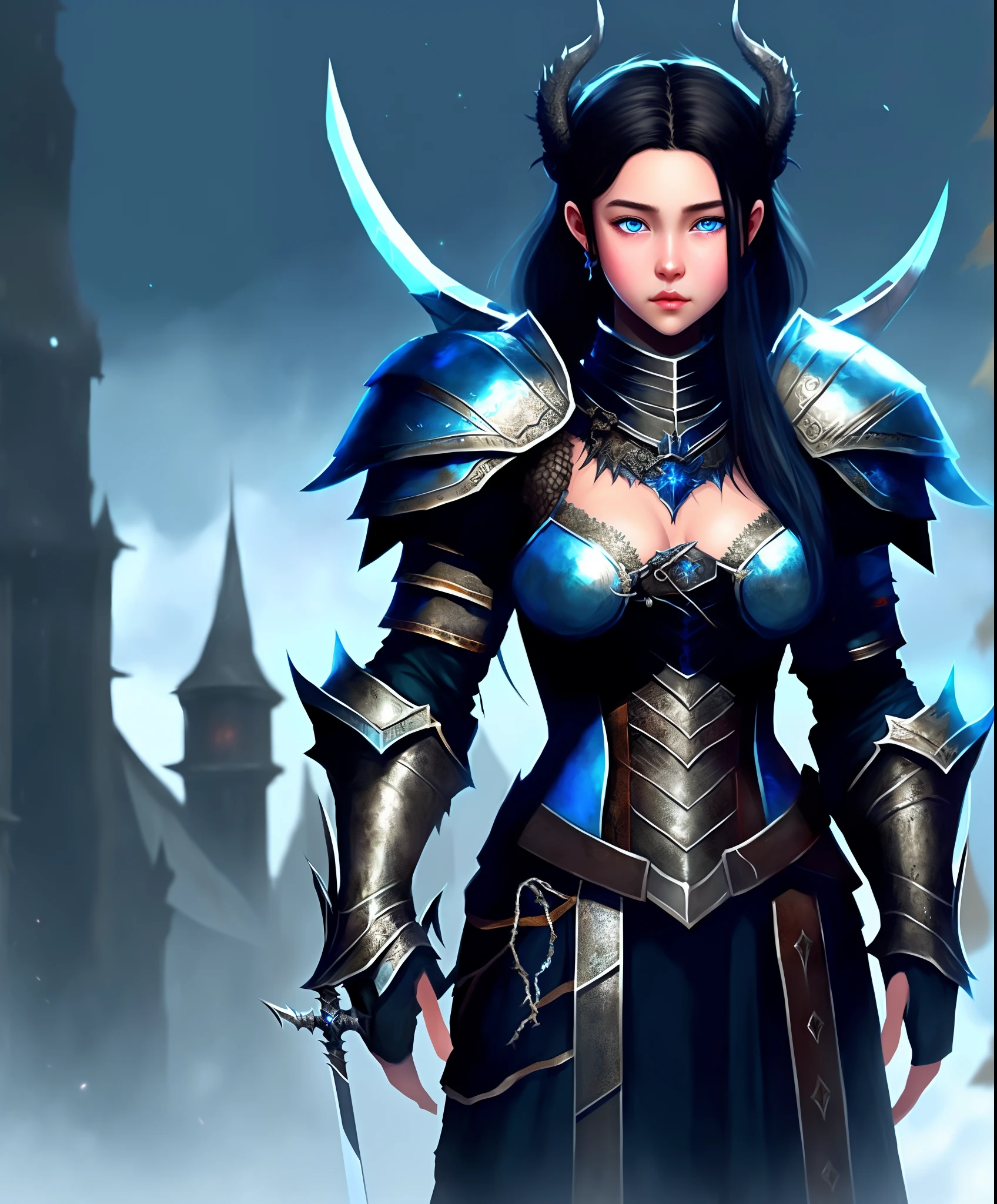 Medieval girl with shoulder length black hair and blue eyes, wearing silver knights armor, standing in front of a big black dragon