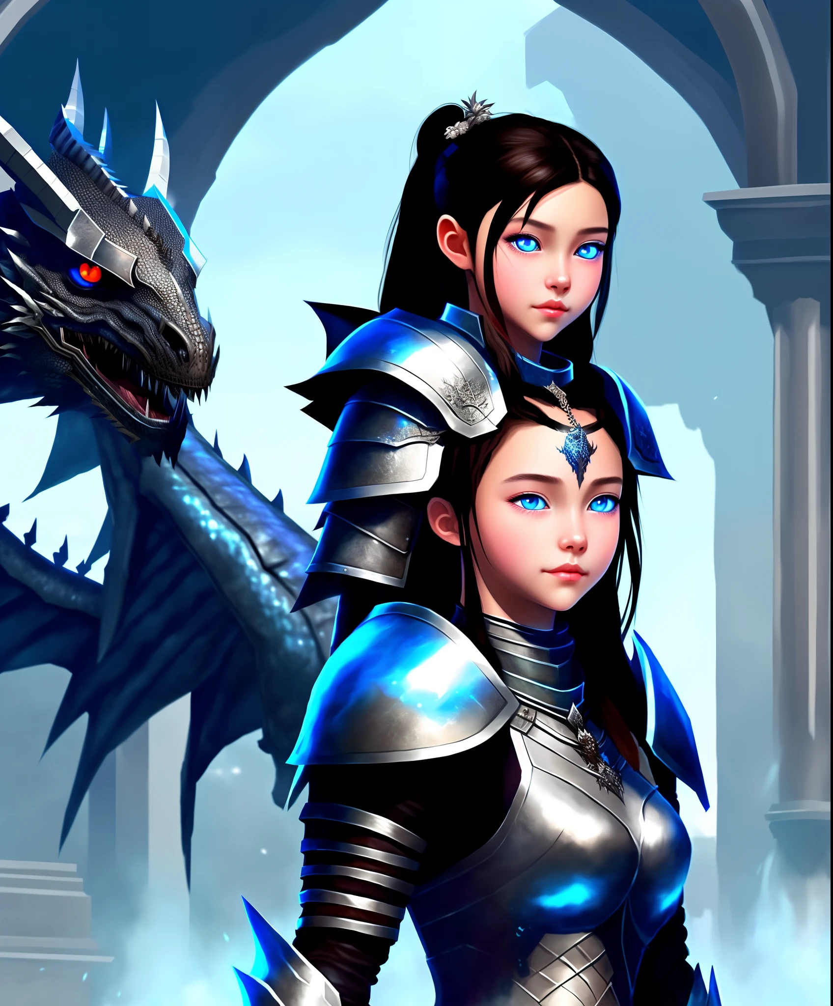 Medieval girl with shoulder length black hair and blue eyes, wearing silver knights armor, standing in front of a big black dragon