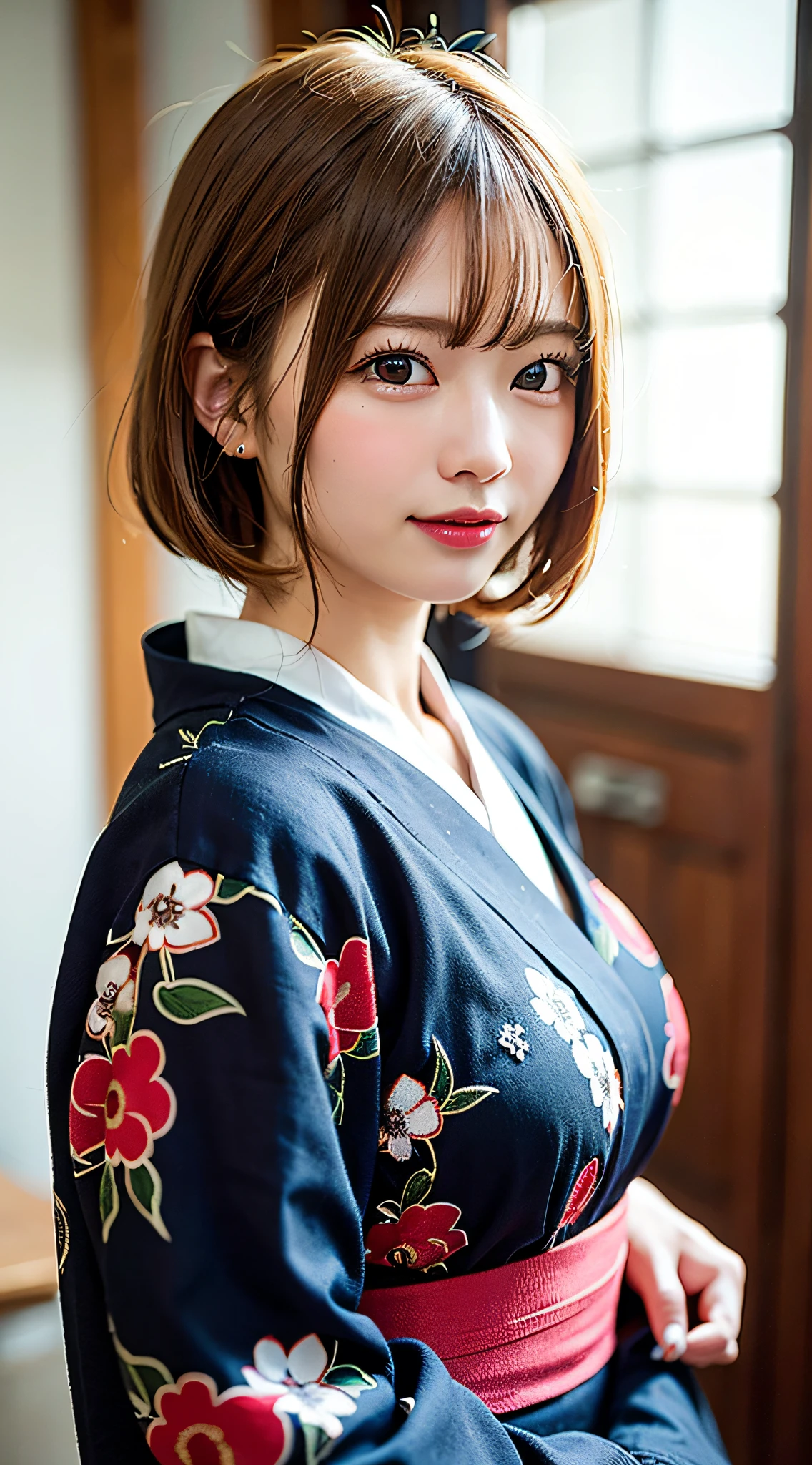(8K, Raw photo:1.2), Detailed face and eyes,Best Quality, 超A high resolution, Highly detailed ,intricate detailes ,masutepiece ,Cute Girl , Soft cinematic light, Hyper-detailing,Sharp Focus, High quality, Blonde hair, bob cuts, Yukata, tits out, pantiy, NSFW, tying hair