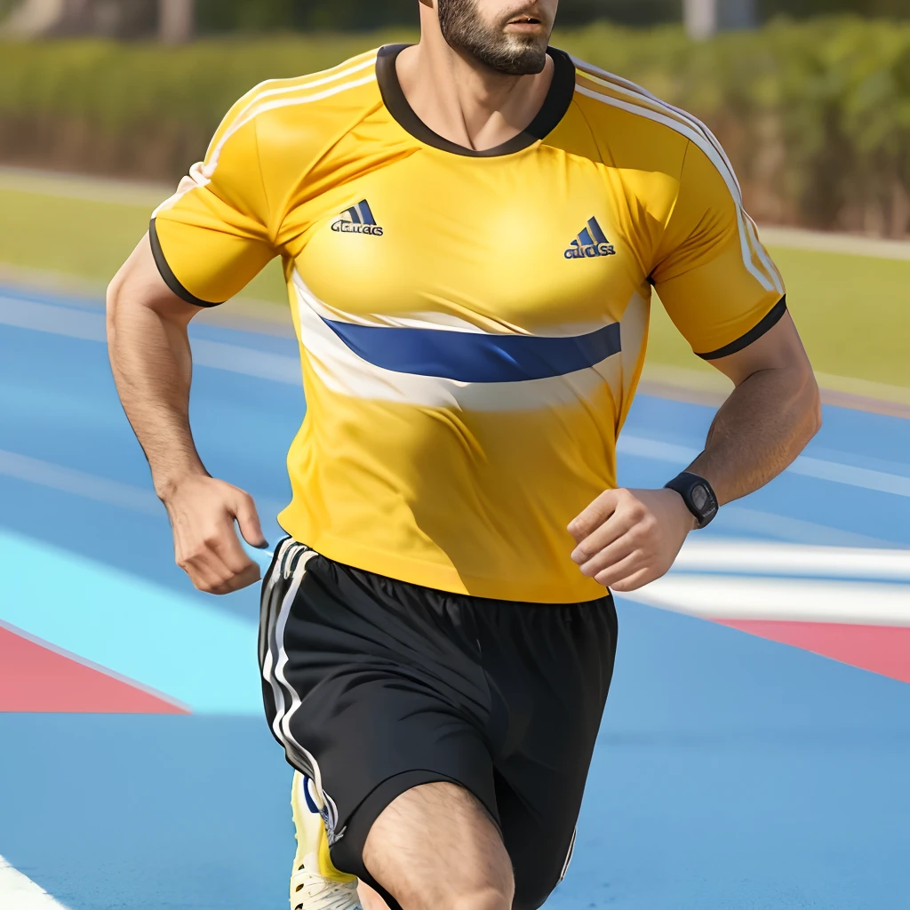 Homem magro e careca estilo pixar com camisa da adidas amarela, bermuda azul sem marca e tenis preto da nike correndo na rua se exercitando