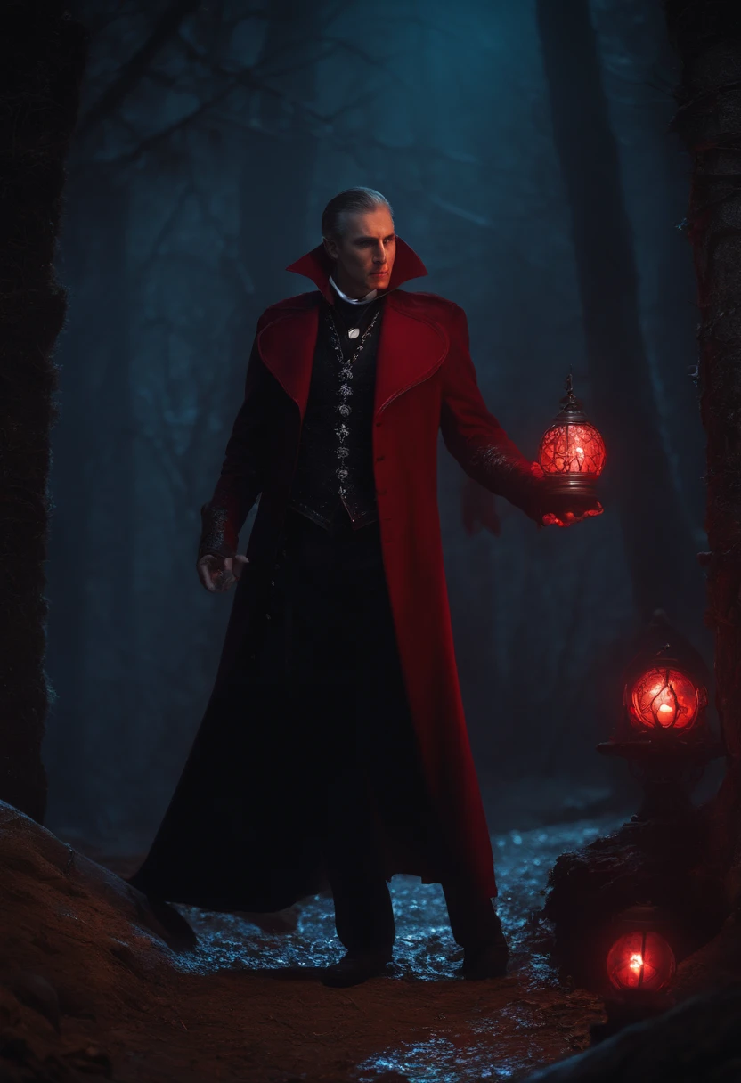 A vampire necromancer, blood moon, ray tracing, masterpiece, best quality, ultra quality, absurd details, best light, best shadow, sharp, sharp image, detailed, extremely detailed, great resolution, 8k, 4k, uhd, particle effects, beautiful effects, vivid colors, neon light, neon, light,
