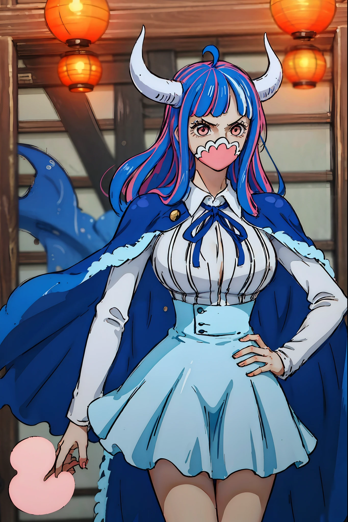 (solo), Ulti from one piece, blue hair, red eyes, pink mask, horns, Ulti takes to wearing a long-sleeved minidress that is white and pleated above the waist, with a blue bow below a point collar. The dress's lower, light-blue, and non-pleated section, with a button placket in the middle, ends in a short skirt part that has a slightly ruffled hem, leaving most of Ulti's legs visible. Fastened on her shoulders is a darker-blue cape trimmed with light-blue fur on its edges (the inside also blue), which goes near the ground, and her footwear are red high heels. (hands on hips:1.2), (night time), (feudal japanese castle), indoors, wood, (masterpiece, best quality, highly detailed)