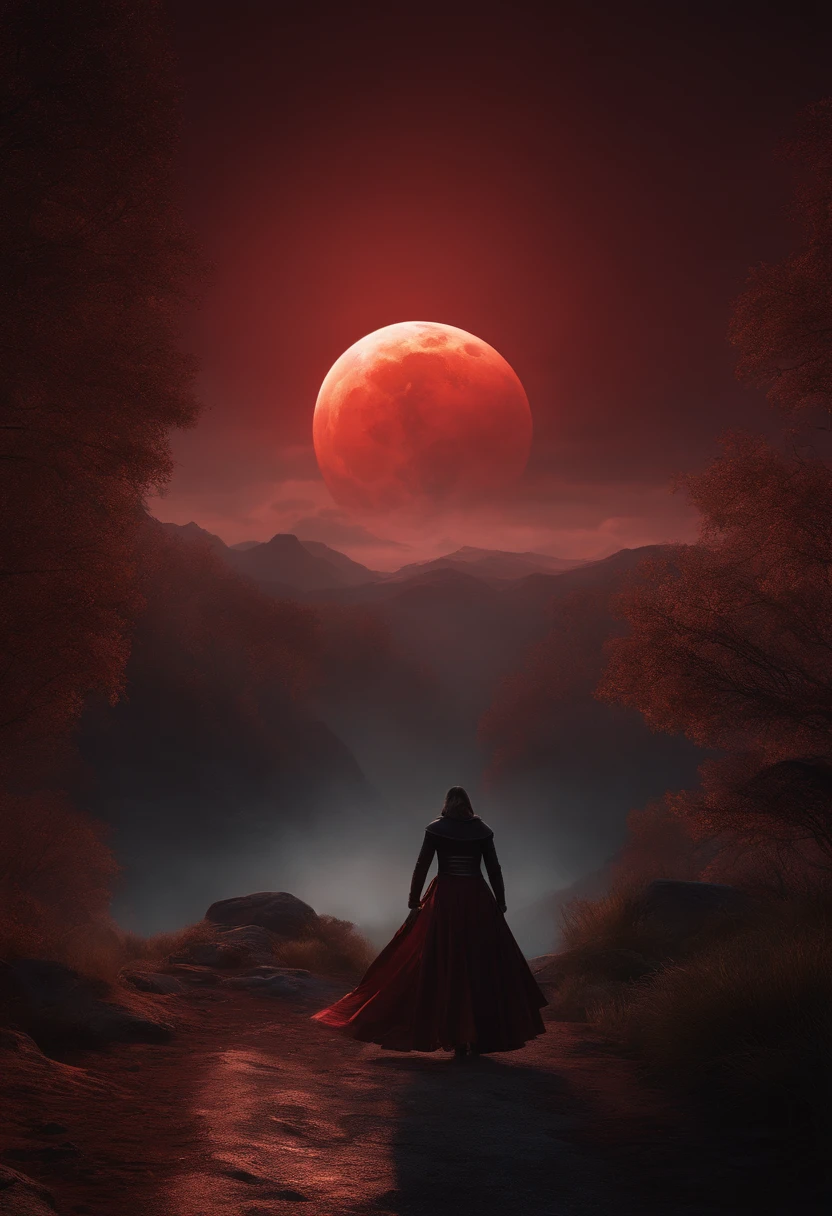 A vampire necromancer, blood moon, ray tracing, masterpiece, best quality, ultra quality, absurd details, best light, best shadow, sharp, sharp image, detailed, extremely detailed, great resolution, 8k, 4k, uhd, particle effects, beautiful effects, vivid colors, neon light, neon, light,