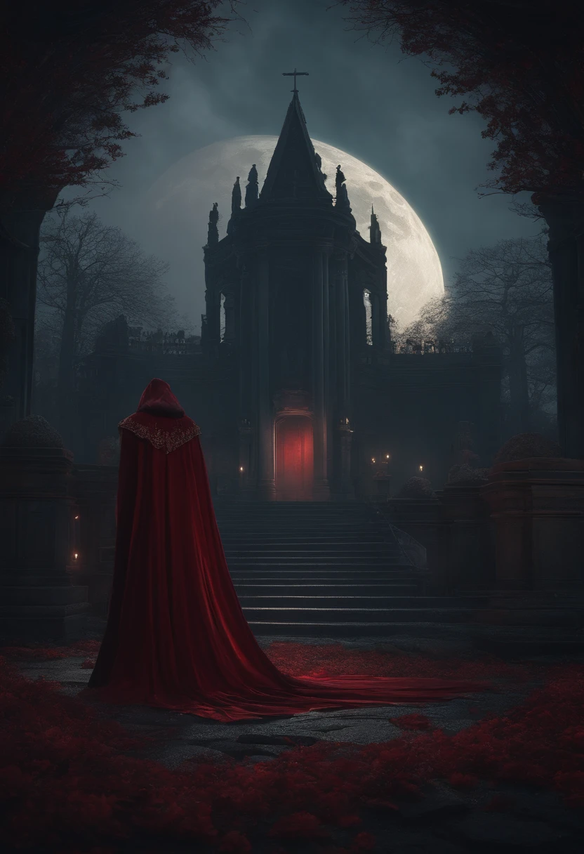A vampire necromancer, blood moon, ray tracing, masterpiece, best quality, ultra quality, absurd details, best light, best shadow, sharp, sharp image, detailed, extremely detailed, great resolution, 8k, 4k, uhd, particle effects, beautiful effects, vivid colors, neon light, neon, light,