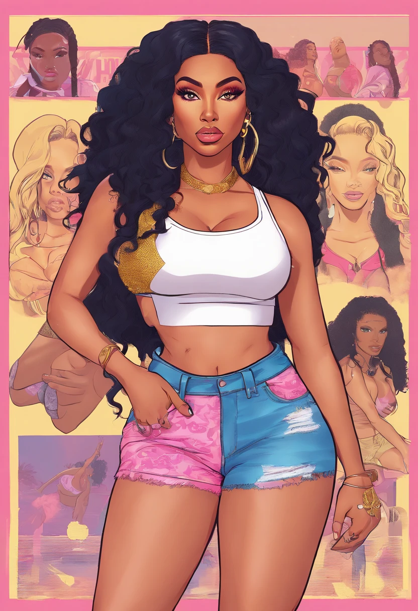 there is a woman with long hair, light pink background with smoke, from Dominican Republic , sza, gorgeous woman that looks like doja cat, long curly hair, ☁🌪🌆👩🏾, she is wearing a white tank top and jean shorts , black hair, black long curly hair, young black woman, milf, voluptuous body, thick thighs, big breasts, nicki minaj, nicki, minaj