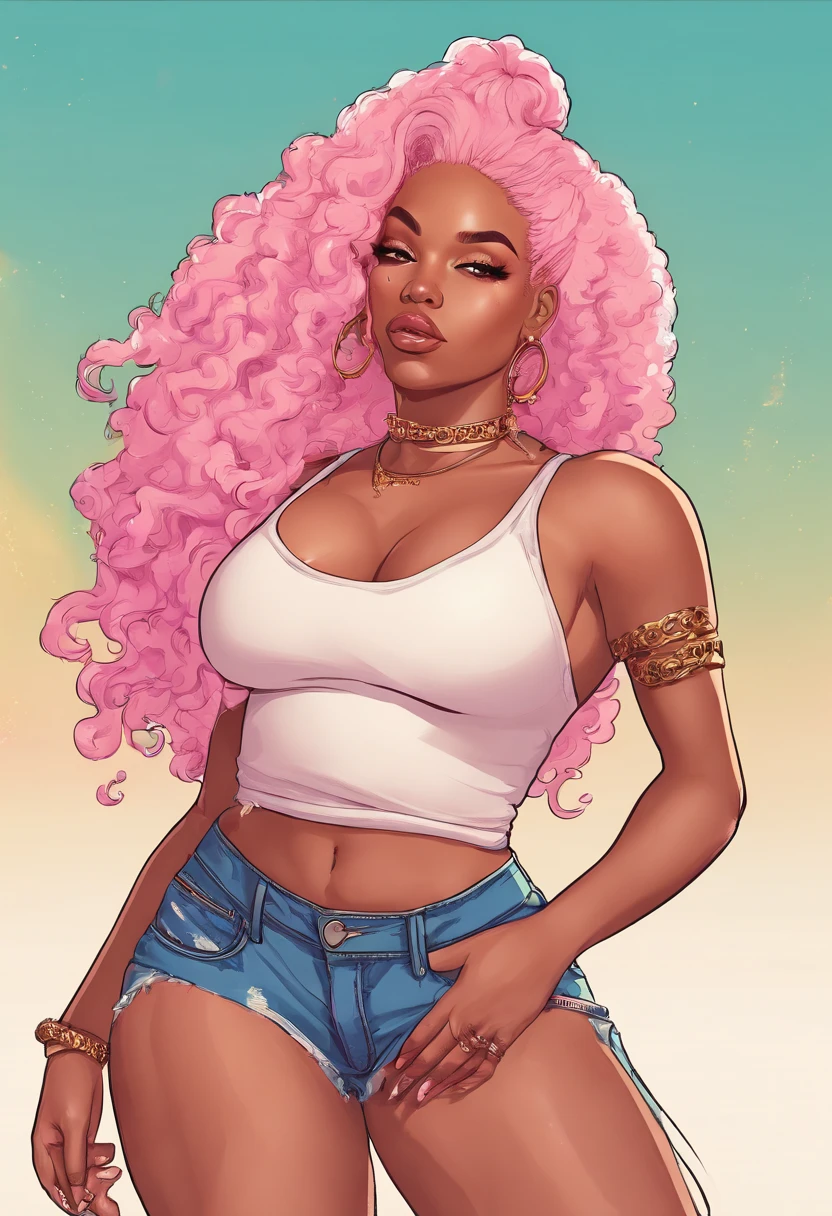 there is a woman with long hair, light pink background with smoke, from Dominican Republic , sza, gorgeous woman that looks like doja cat, long curly hair, ☁🌪🌆👩🏾, she is wearing a white tank top and jean shorts , black hair, black long curly hair, young black woman, milf, voluptuous body, thick thighs, big breasts, nicki minaj, nicki, minaj