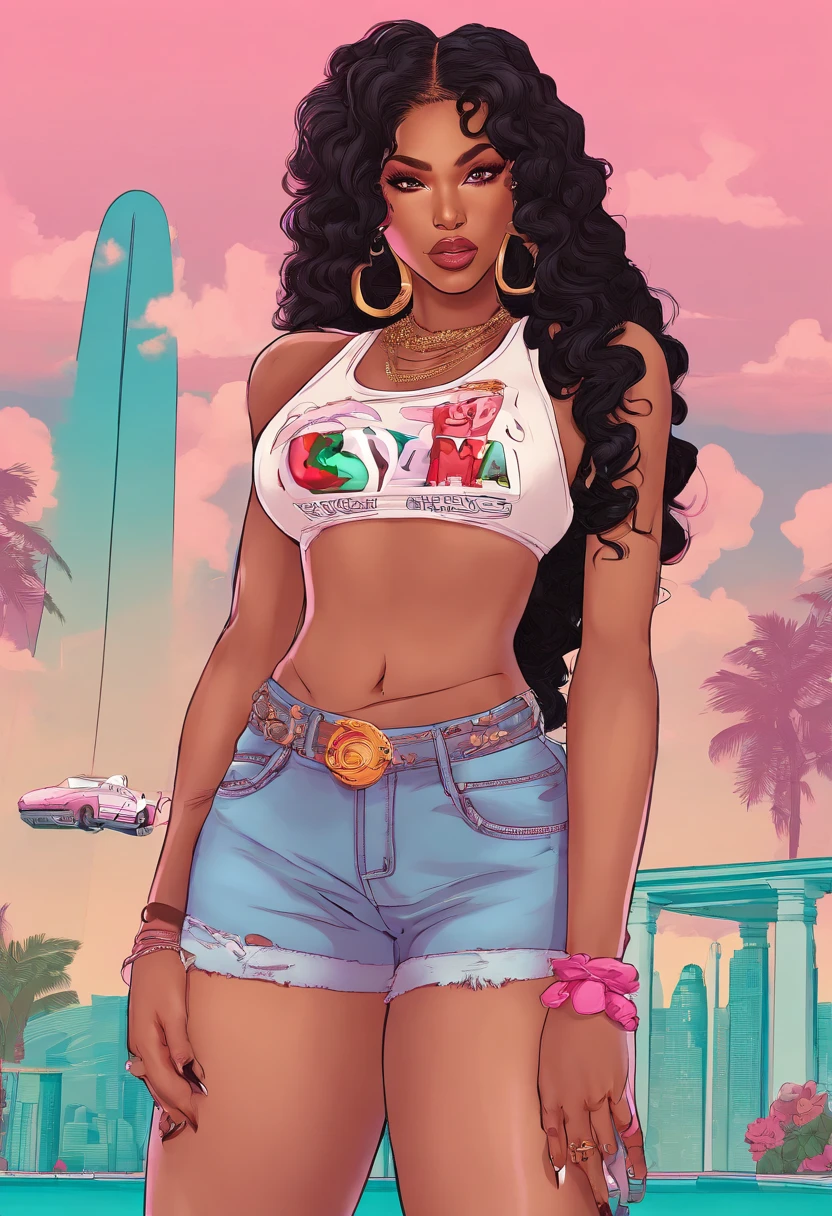 there is a woman with long hair, light pink background with smoke, from Dominican Republic , sza, gorgeous woman that looks like doja cat, long curly hair, ☁🌪🌆👩🏾, she is wearing a white tank top and jean shorts , black hair, black long curly hair, young black woman, milf, voluptuous body, thick thighs, big breasts, nicki minaj, nicki, minaj