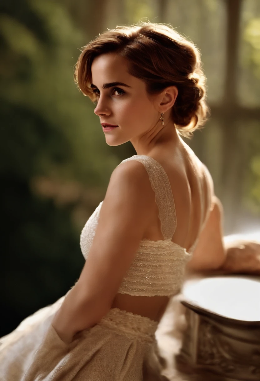 (Emma watson), the woman stands in front of a window with her legs wide open. From outside, the sun shines into the dark room. The woman wears a see-through long skirt and a see-through belly-free shirt, The contours of her body are clearly visible in front of the bright window, (belly-free), (Masterpiece:1.2) (photorealistic:1.2) (best quality) (intricate details) (8K) (High Poly) (Raytracing), (Sharp Focus)