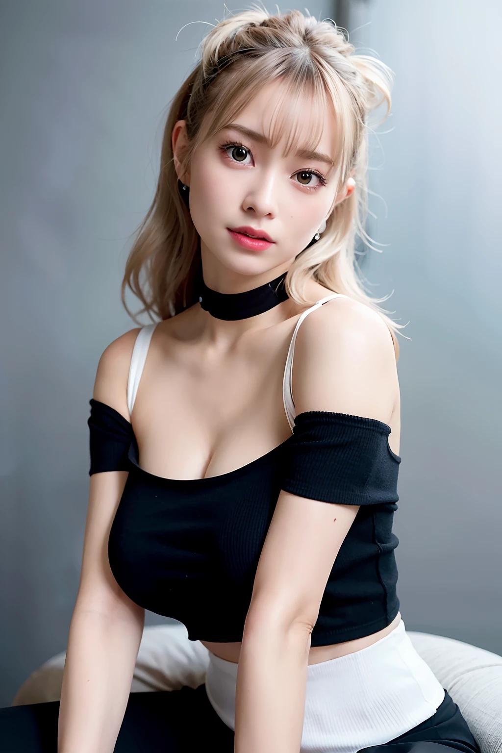 best quality, ultra high res, (photorealistic:1.4), 1girl, off-shoulder white shirt, black tight skirt, black choker, (faded ash gray hair:1), (showing her tits )huge breasts:1.2), looking at viewer, closeup ,