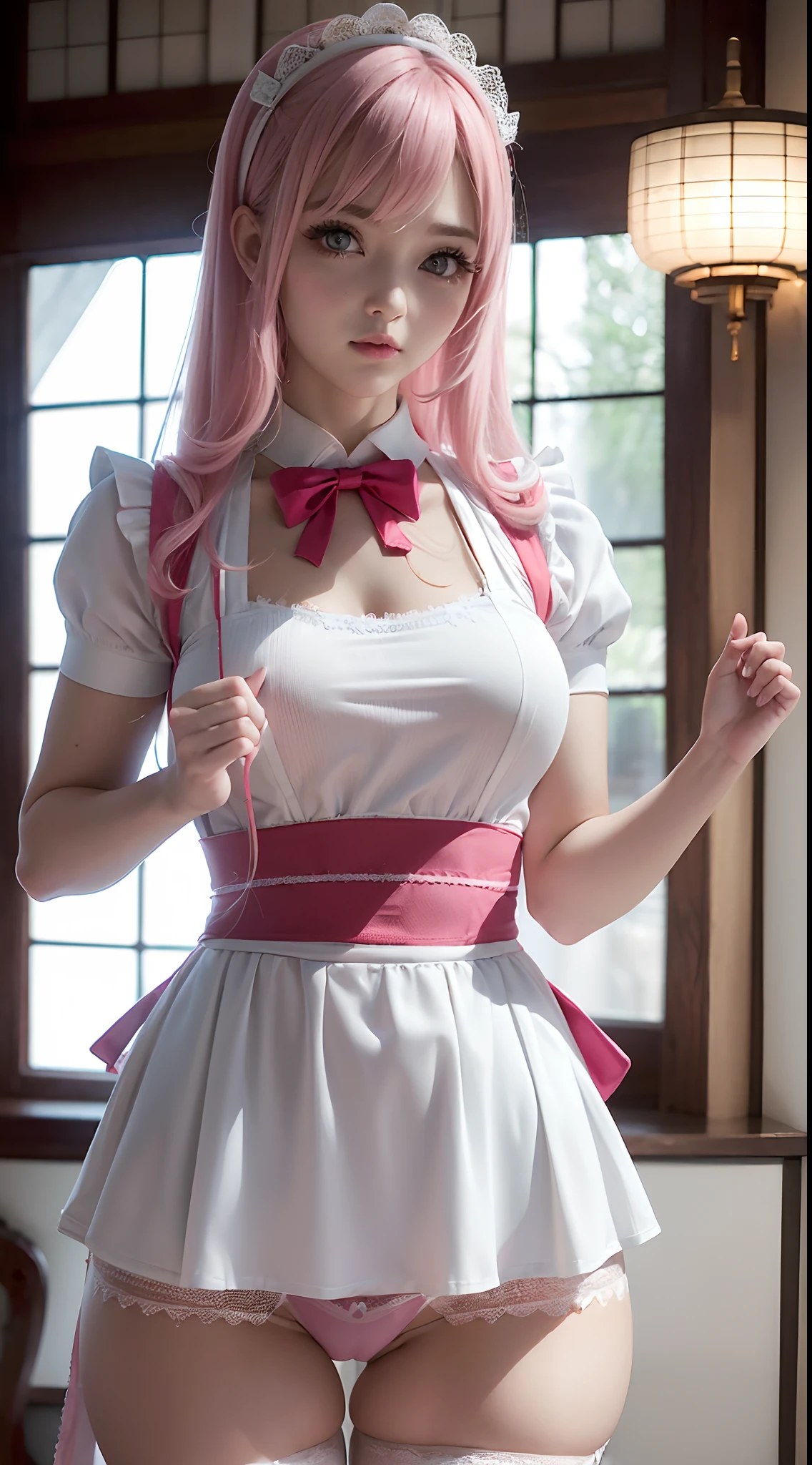 (Araffe vestida con un vestido rosa y blanco y un delantal blanco:1.2), (japanese maid cafe:1.4), Traje de sirvienta, Hermosa Delphine, Chica de anime con disfraz de sirvienta, Hermosa criada, cosplay de un catboy! Sirvienta! vestido, Anime Cat Girl en un disfraz de sirvienta, vestido de sirvienta, vestido de pastelero, cosplay, small curvy , Llevar uniforme de sirvienta,androide!,More detailed 8K.motor irreal:1.4,UHD,La mejor calidad:1.4, fotorrealista:1.4, textura de la piel:1.4, obra maestra:1.8,obra-prima, mejor calidad,objeto Objeto], (detailed face features:1.3),((fondo de donas dulces gigantes:1.4)),(cabello rosado largo:1.4),（Beautiful and detailed eye description),(Ropa transparente:1.4),(manos perfectas:1.4),(mostrando su panties:1.4)