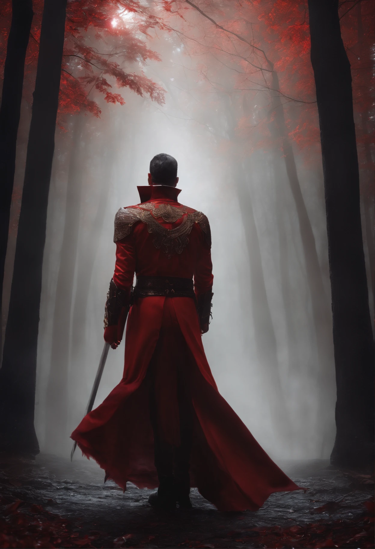 A vampire necromancer, blood moon, ray tracing, masterpiece, best quality, ultra quality, absurd details, best light, best shadow, sharp, sharp image, detailed, extremely detailed, great resolution, 8k, 4k, uhd, particle effects, beautiful effects, vivid colors, neon light, neon, light, red eyes,