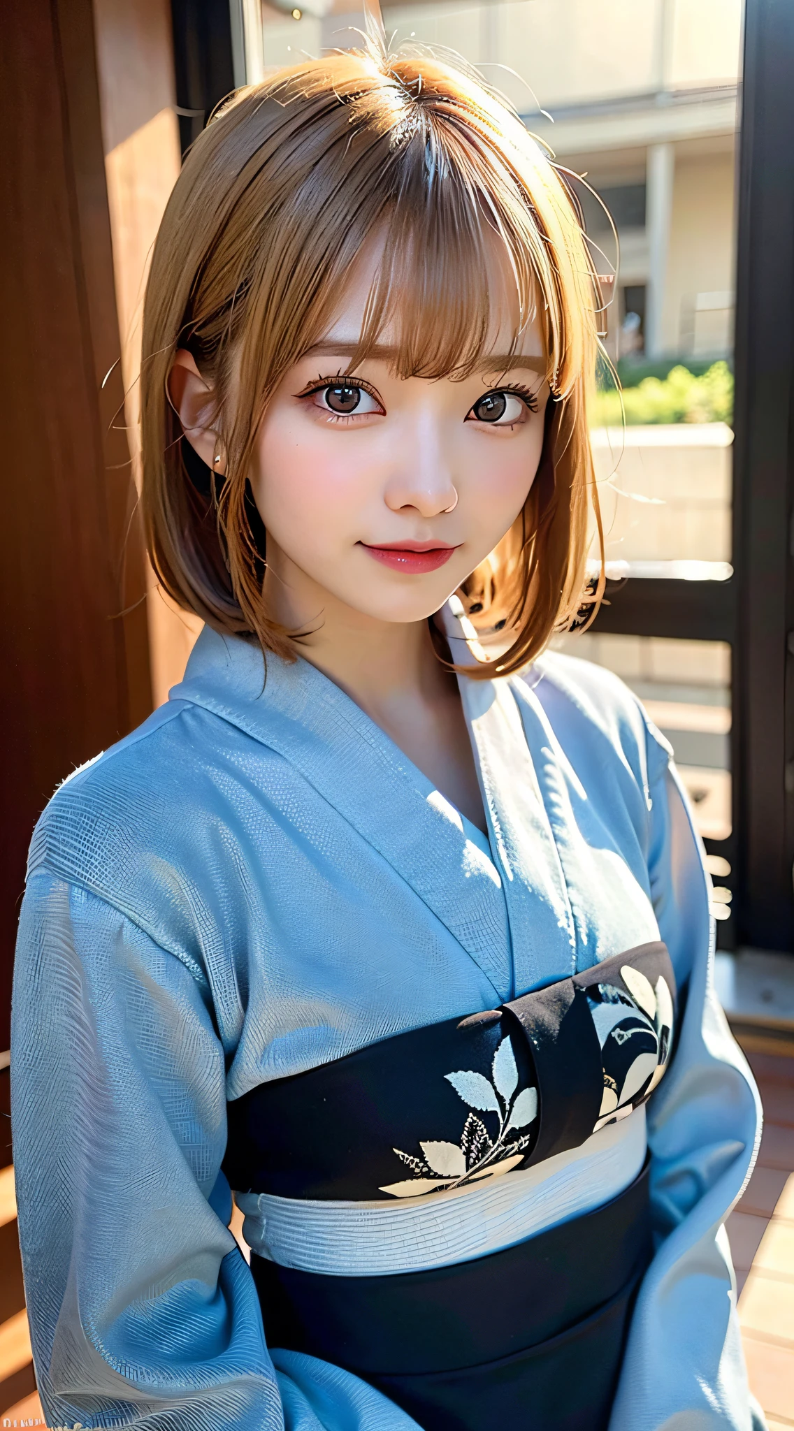 (8K, Raw photo:1.2), Detailed face and eyes,Best Quality, 超A high resolution, Highly detailed ,intricate detailes ,masutepiece ,Cute Girl , Soft cinematic light, Hyper-detailing,Sharp Focus, High quality, Blonde hair, bob cuts, Yukata