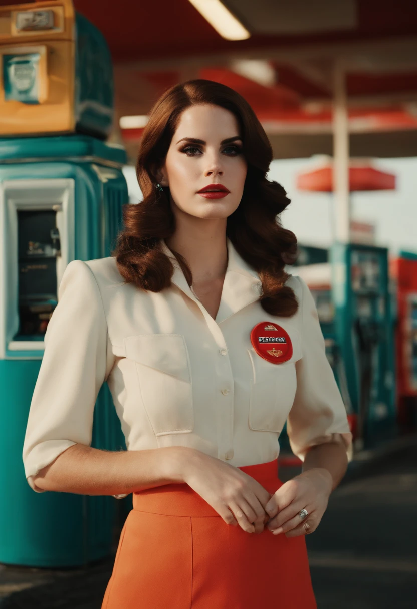 (lana del rey, music icon, gas station, gas station employee, uniform)
