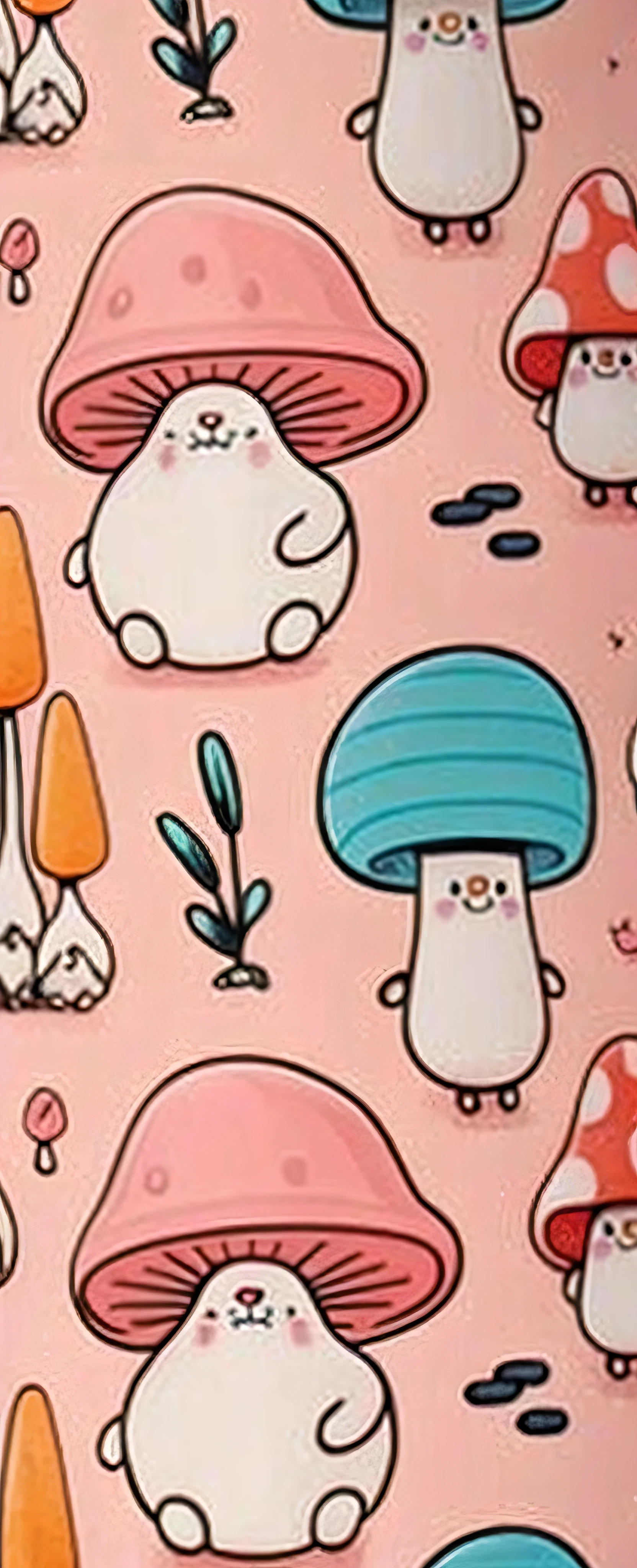 Close up of cat and mushroom pattern on pink background, cute pictoplasma, Gummies, mushroom, large view, Danbru, kawaii vibe, very very kawaii, The subject, pixer, killing, cas, Cute characters, Cartoon Cute, woodland, kawaii, Mushrooms, buff, Cogumelos, creepy kawaii