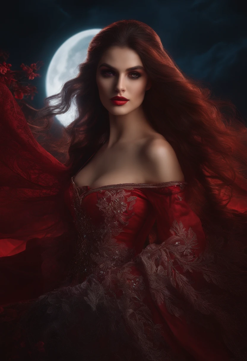 A vampire necromancer, blood moon, ray tracing, masterpiece, best quality, ultra quality, absurd details, best light, best shadow, sharp, sharp image, detailed, extremely detailed, great resolution, 8k, 4k, uhd, particle effects, beautiful effects, vivid colors, neon light, neon, light, red eyes,