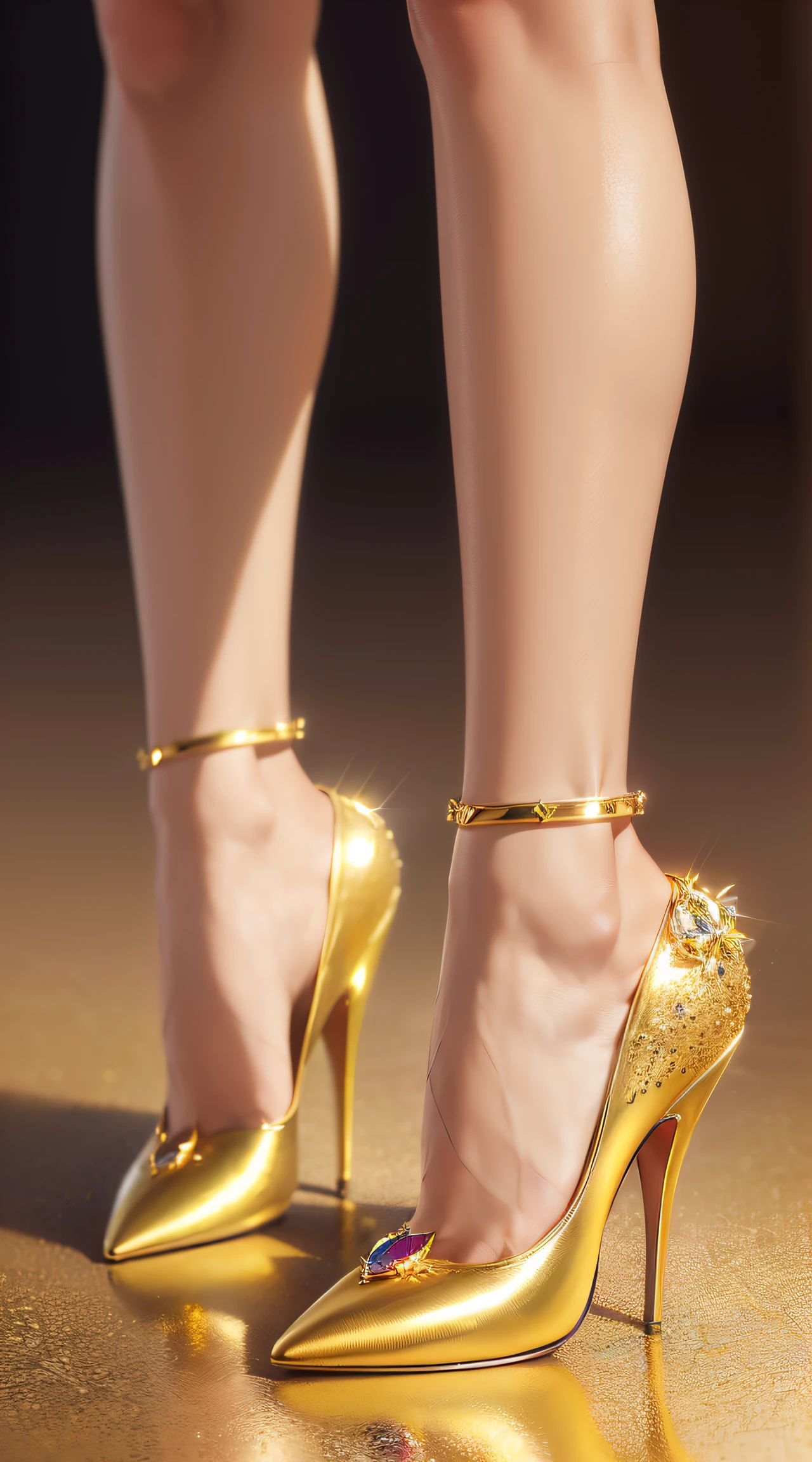 (A pair of luxurious yellow gold pumps set with gemstones).Close up,((Best quality,4K,8K,A high resolution,Masterpiece:1.2)),((super ultra detail)),((Realistic,Photorealistic,photo-realistic:1.37))
