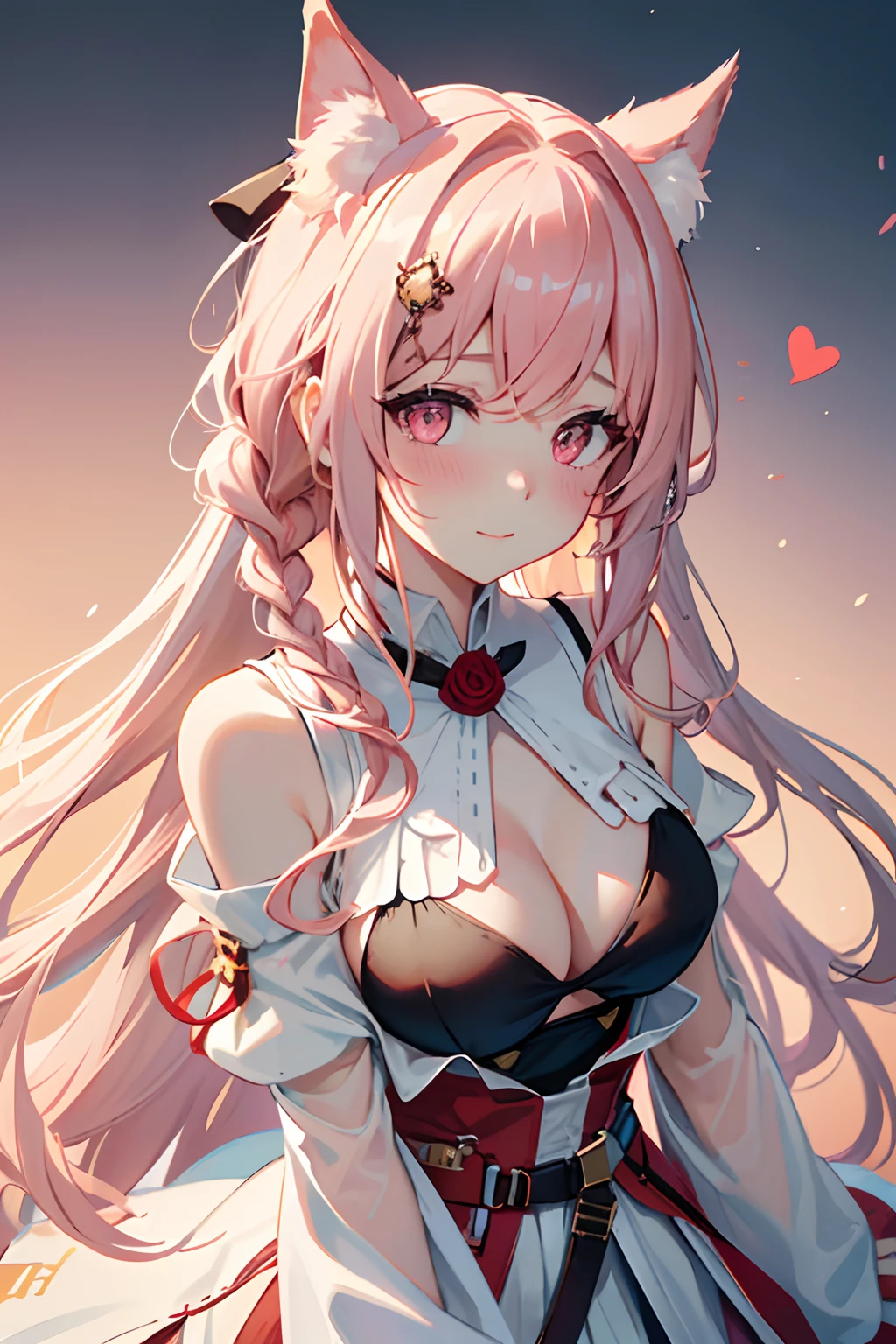 8k, highres, ultra detailed, (masterpiece:1.4),1girl , animal ears , bare shoulders , blush , braid , cleavage , closed mouth , gradient background , hair ornament , heart-shaped pupils , large breasts , long hair , looking at viewer , parted bangs , pink eyes , pink hair , red rose , smile , solo , sweat,pozyomka (arknights)