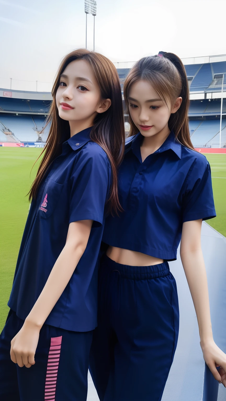 (bestquality,10,10,highres,masterpiece:1.2),ultra-detail,(Realistic,photorealistic portrait,photo-realistic:1.37),1 Cute girl in the football field,oily shiny skin,bara,light smile,BDclothes,((blue shirt:1.3)),short sleeves,shirt, trousers.,(navy_long_Pants Track:1.1), ((Stadium Background:1.3)),dynamic angle,excited,face focus,Dynamic Poses,from behide,Ass Focus,masterpiece, bestquality, ultra realistic, hyper-detail, 8k resolution, RAW photo, crisp focus, ((Navy blue shirt:1.1)), short sleeves, Long Path, Perfect body, 2 mature women, 18yo, cinematic light,Blue sweatpants,Gymware,Correct anatomy,Complete body, Correct body, sharp face, Anatomically correct body, full entire body, Realistic gestures, long-haired, Realistic poses,Wear long shorts.....,Long leg span,Shapely,Sculpting Girl, 2 girls kissing each other, Realistic kiss, Slender Figure, mannequin mannequins, Shapely, Beautiful body