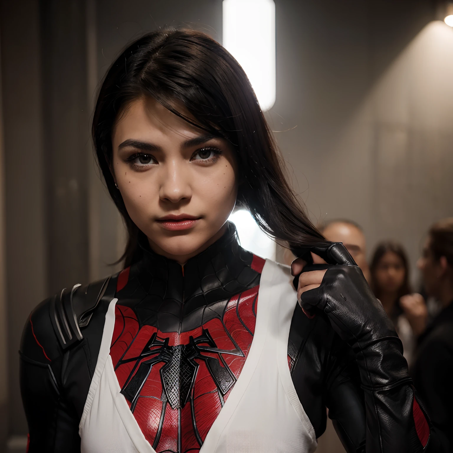 hazme una foto de Marvel:  Make a 20-year-old girl half-American and half-Asian,pelo negro mediano tipo wolf cut soft mullet con varios mechones rojos,Labios medianos,ojos rasgados negros brillantes,piercing en la nariz y labio,traje de Spiderman negro con blanco con guantes negros rasgado, and small tattoos on the face