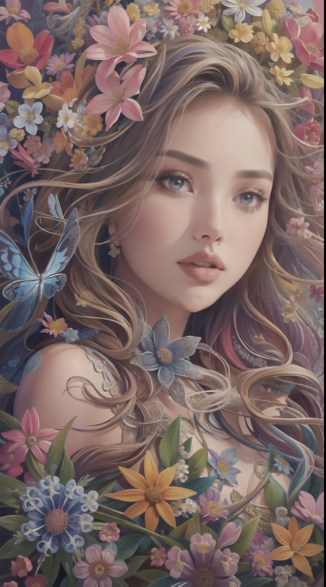 1girl in a masterpiece, top-quality, official art, beautifully aesthetic: 1.2, highlighting her upper body. The girl is surrounded by 1 flower, creating a highly detailed, colorfully vibrant scene. The artwork showcases the beauty of fractal art: 1.3 in the most intricate and detailed manner possible.