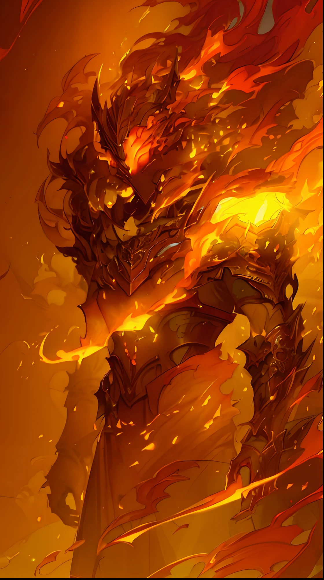Epic fantasy art style, painted in the style arcane, Anime art wallpaper 4 K, Anime art wallpaper 4k, league of legend, Epic fantasy digital art style, Fire red warrior,high render,colors of clothing(Orange colors+red colour+amarelo）,Wrapped in a powerful set of armor. The metal plate is decorated with an intricate design, Reminiscent of flickering flames licking on the surface.