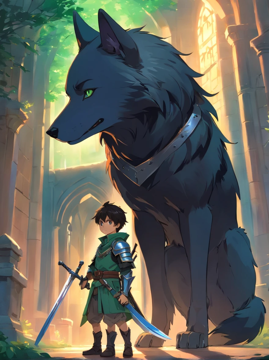 A black anime style wolf and a boy with dark green short hair,Holding a medieval sword in armor